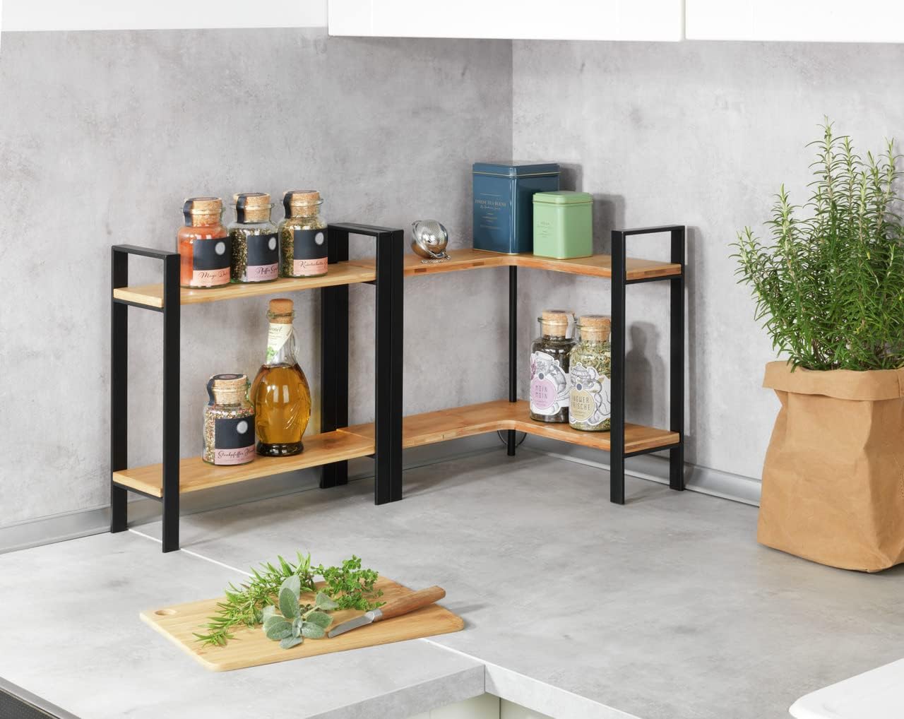 WENKO - Lou - 30x33x30cm - étagère d'angle cuisine, 2 niveaux, bambou/acier