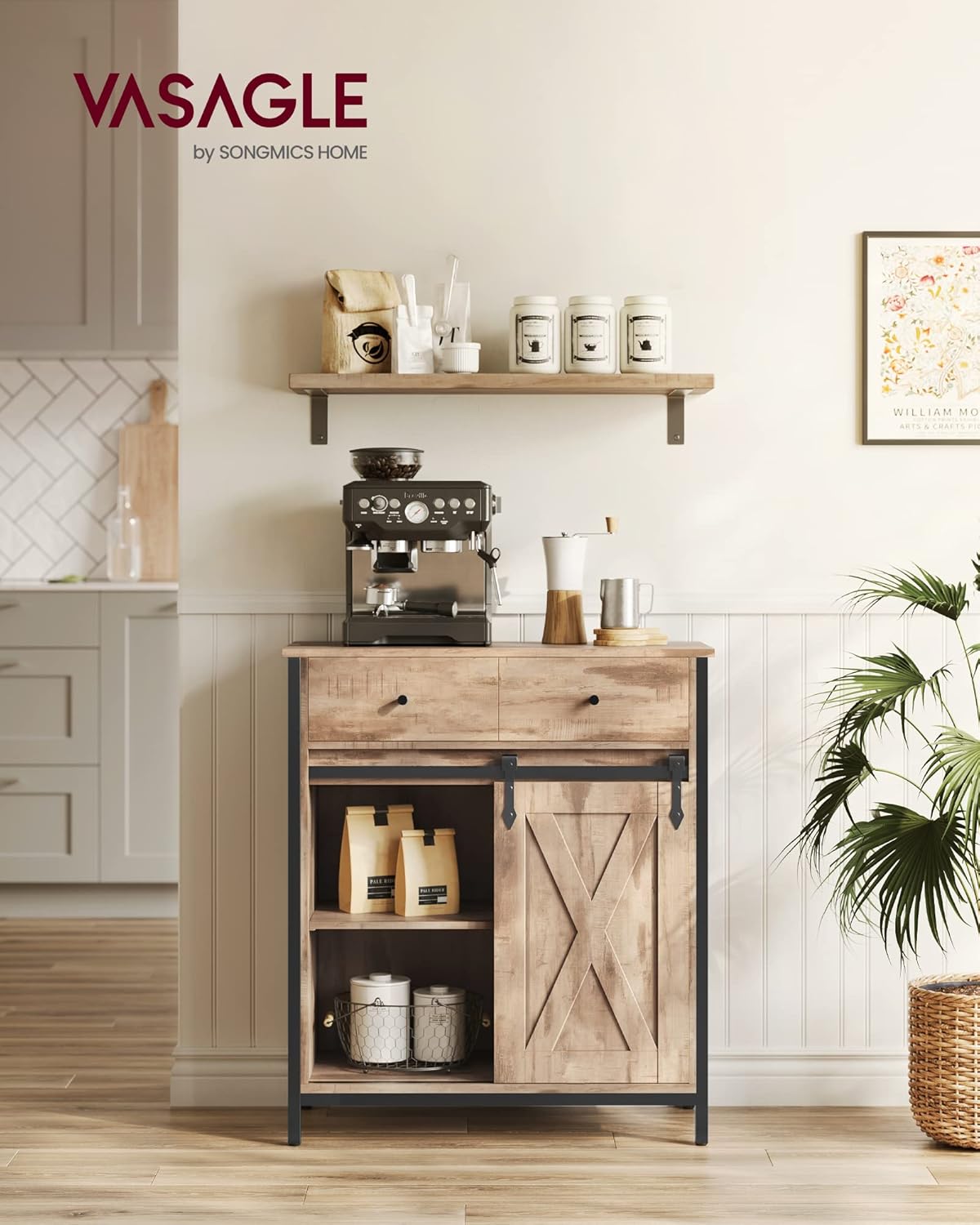 VASAGLE - buffet cuisine série LSC - 30x70x80 cm, porte coulissante, tiroirs, étagères réglables, marron/noir - LSC100B5