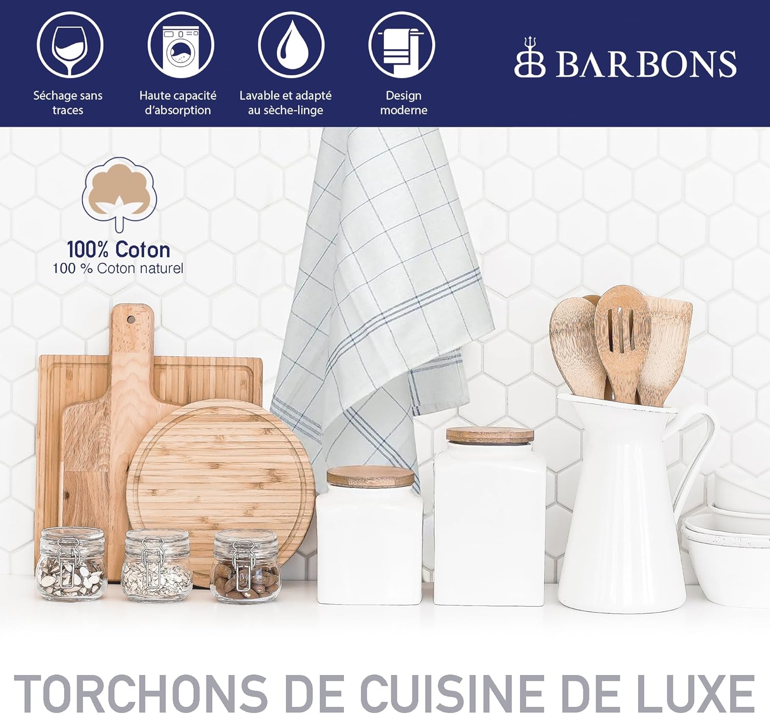 BARBONS - lot de 10 torchons - 50x70 cm - coton absorbant Oeko-TEX