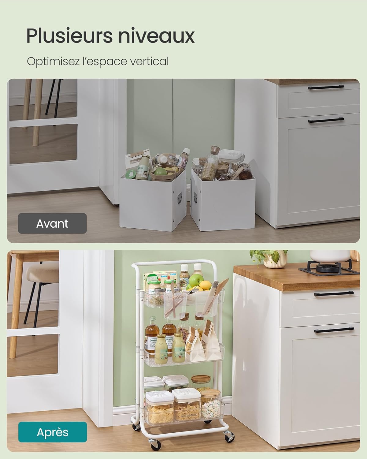 SONGMICS - desserte 3 niveaux, poignée, roulettes, 2 pots, 2 freins, BSC067W03