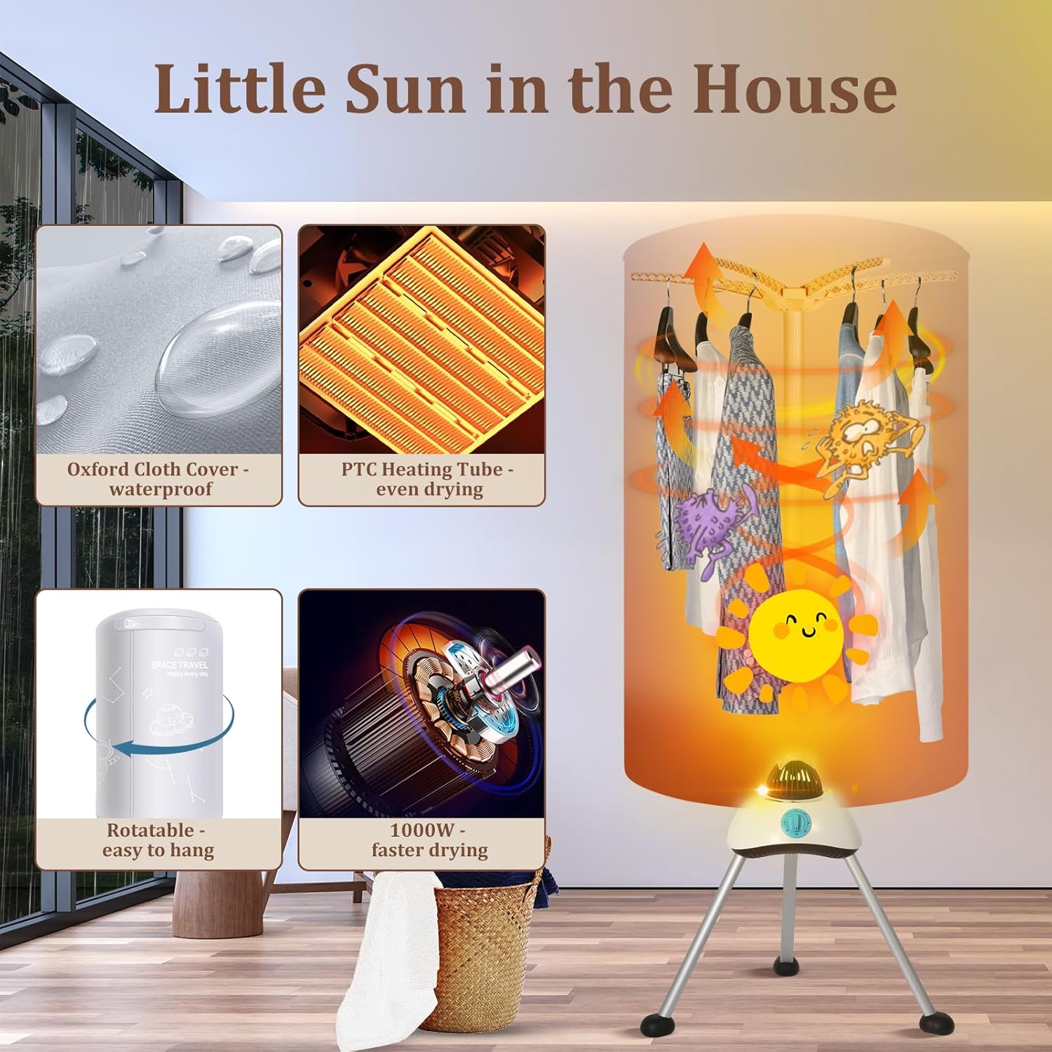 Sèche-linge électrique - 140cm - pompe à chaleur, 2 couches, 1000W, minuterie