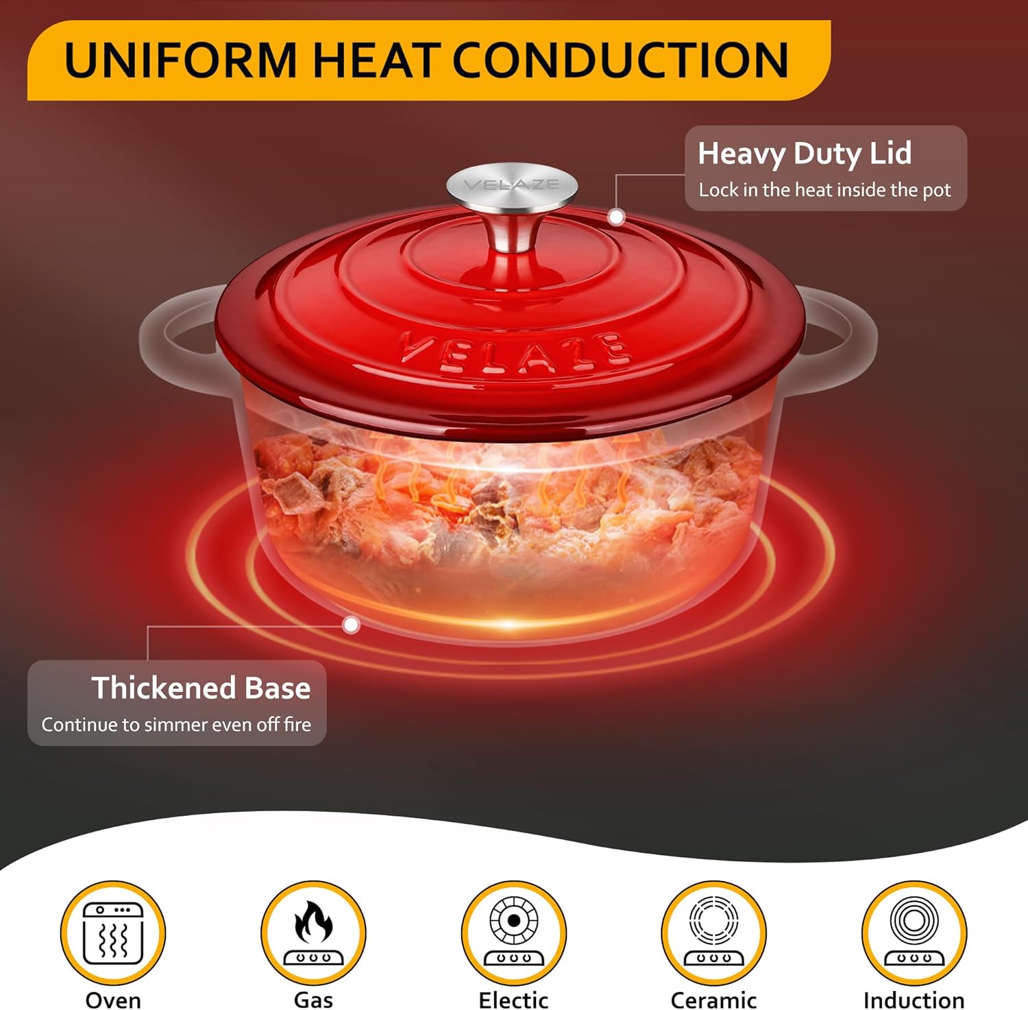 Velaze - Cocotte en fonte émaillée 20cm - 2L, induction, antiadhésif