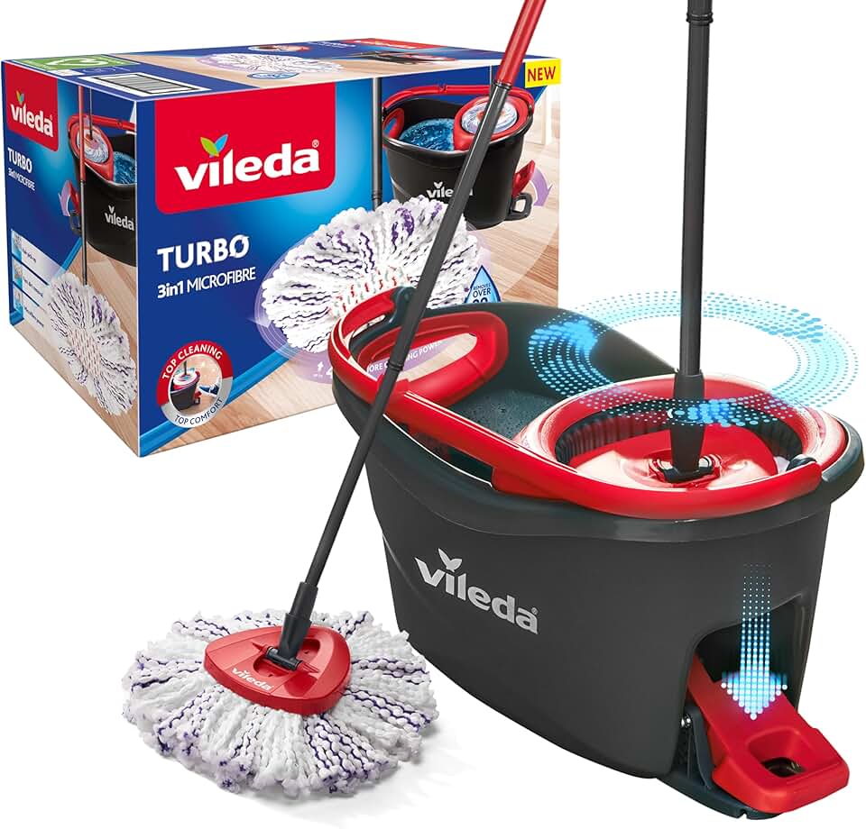 Vileda - Turbo 3en1 - 85-123cm - balai rotatif et seau à pédale