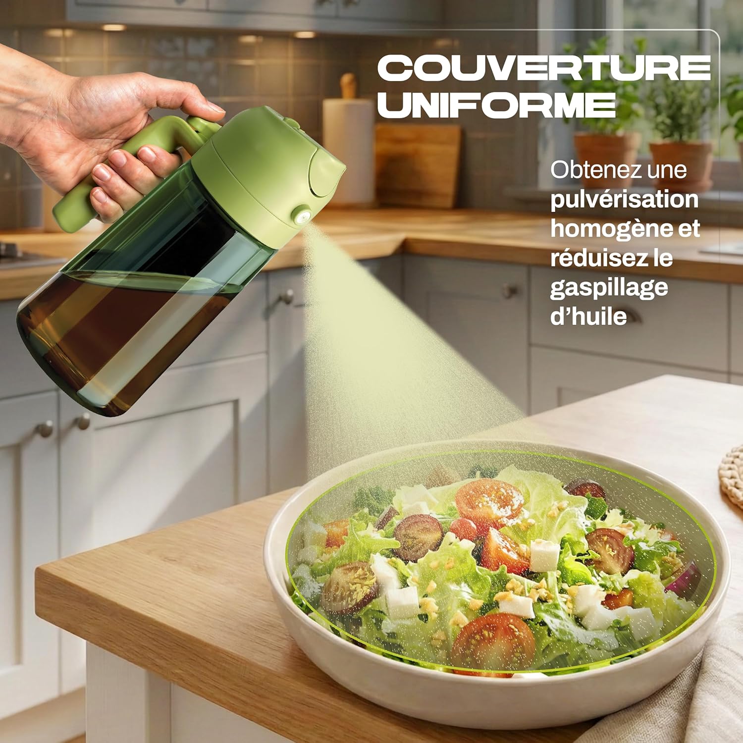 PORTENTUM - Spray huile cuisine 2en1, 470ml, verre vert, étiquettes multilingues