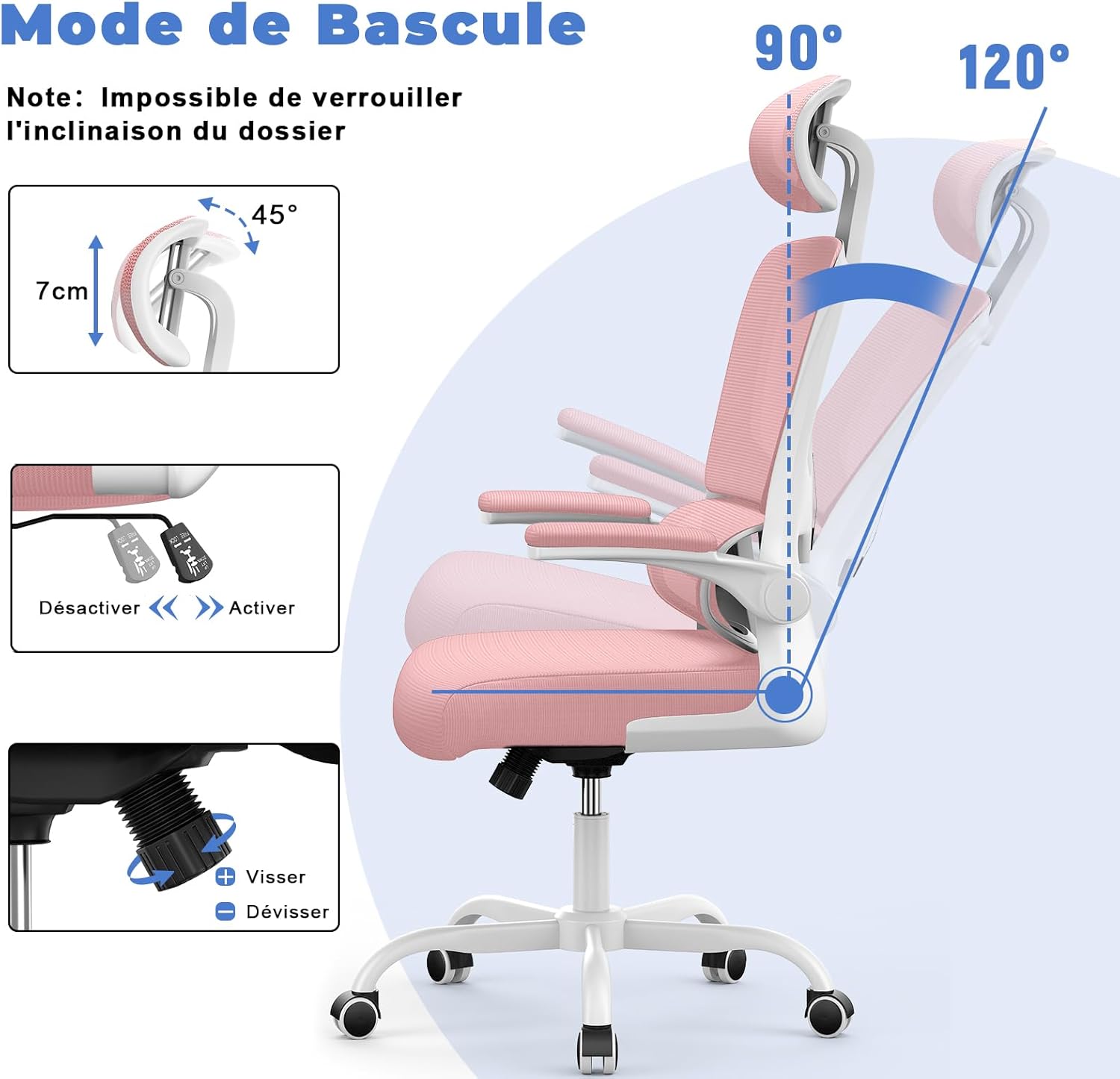 Chaise de bureau ergonomique - support lombaire réglable - appui-tête & accoudoirs ajustables - maille respirante, rose