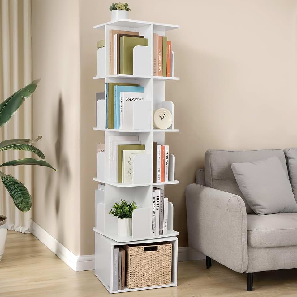 VASAGLE - Custos Collection - 40x40x155,8 cm - bibliothèque pivotante 5 niveaux, rotation 360°, blanc LBC472WB01