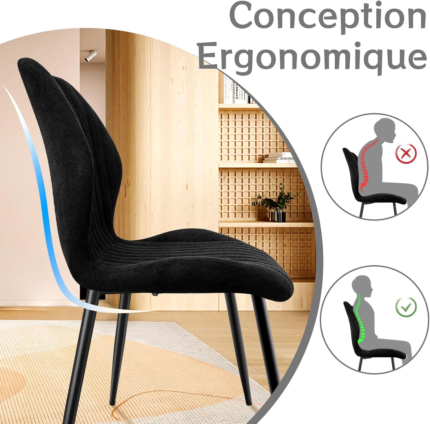 Chaises de salle à manger - lot de 6, dossier tissu, pieds métal, coloris noir, confort optimal