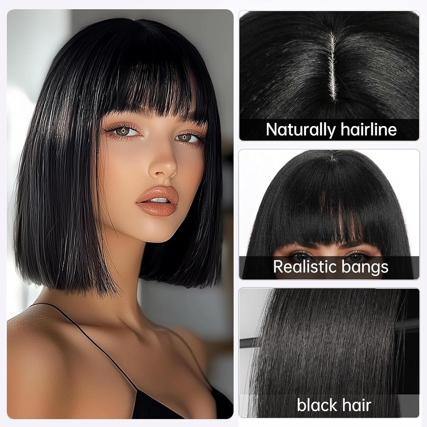 Perruque femme - bob droit noir avec frange - courte - synthétique, usage quotidien et cosplay