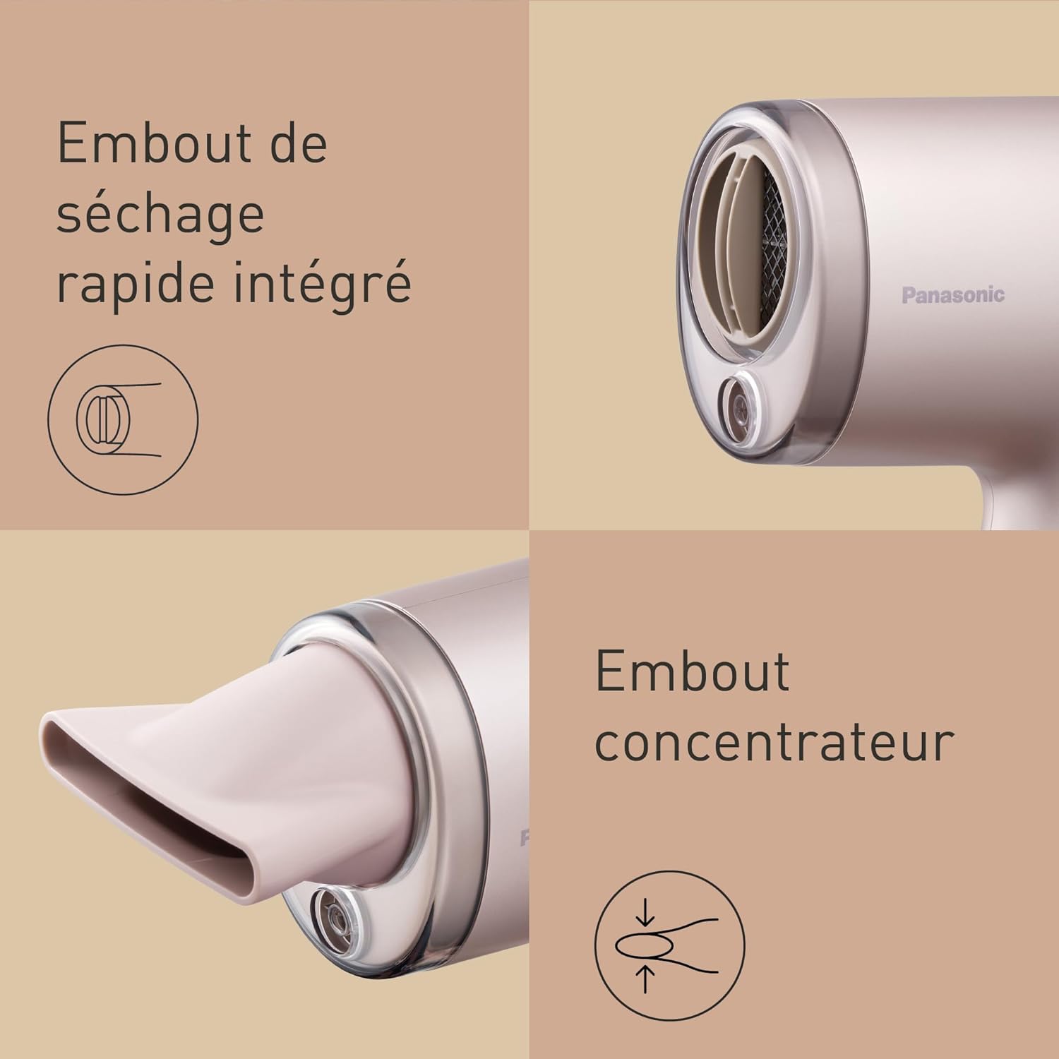 Panasonic - Sèche-Cheveux Nanoe, pliable, 1600W, séchage rapide, accessoire concentrateur, rose clair - EH-NA7M-P825