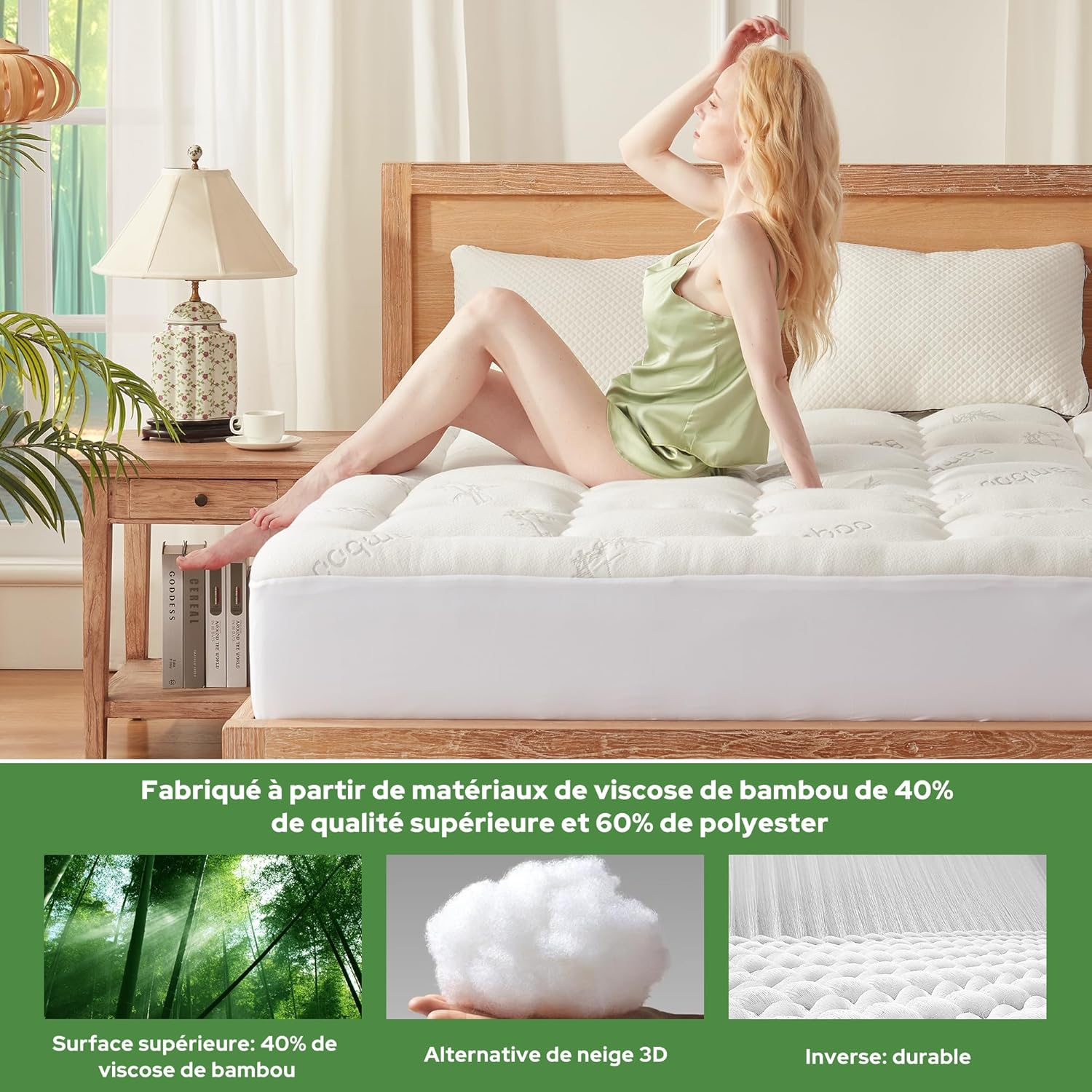 BEDLORE - surmatelas matelassé 140x200 cm, viscose bambou respirant, bonnet 30 cm, Oeko-Tex