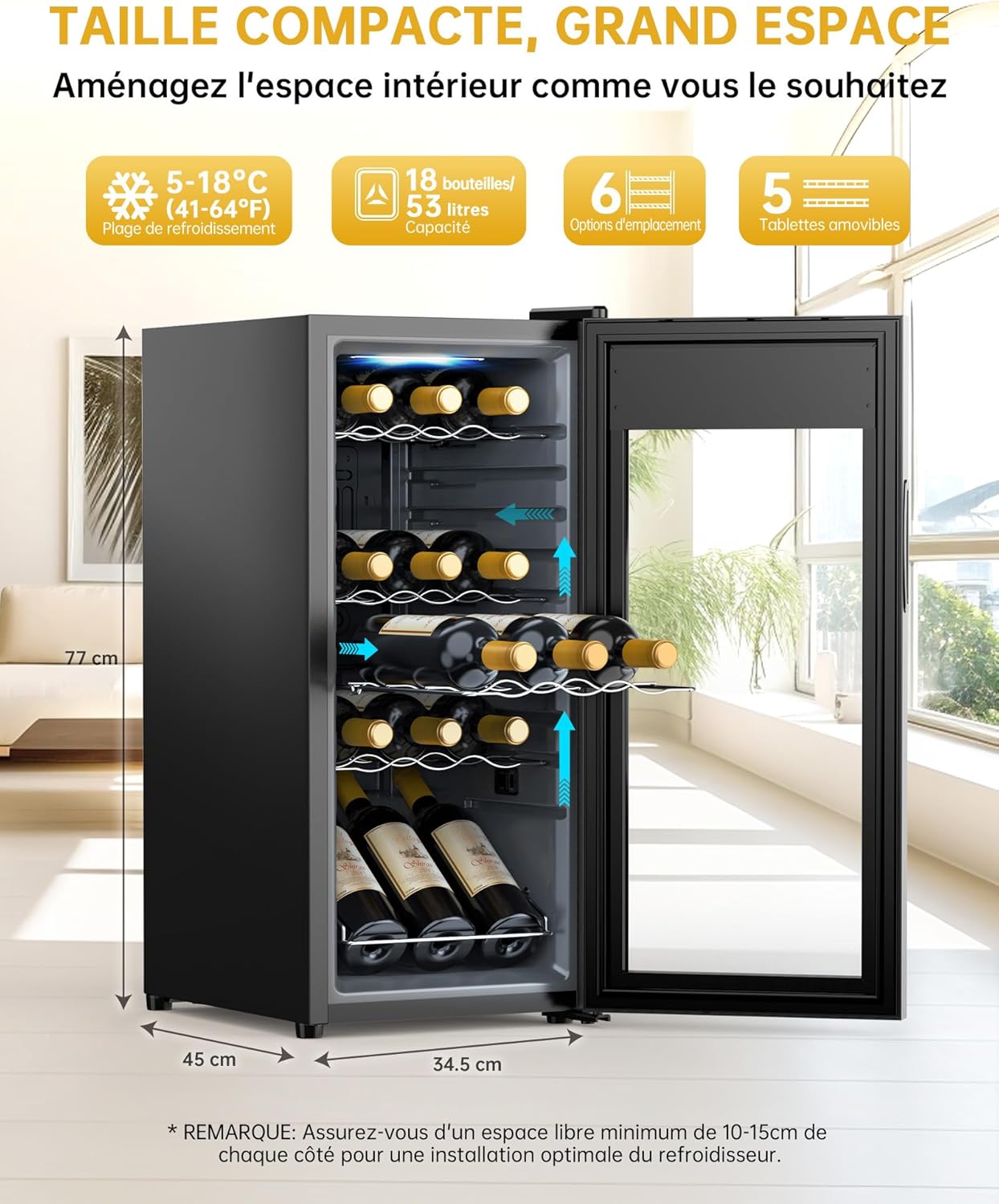 WIE - cave à vin 18 bouteilles, 53L, porte vitrée, compresseur, LED