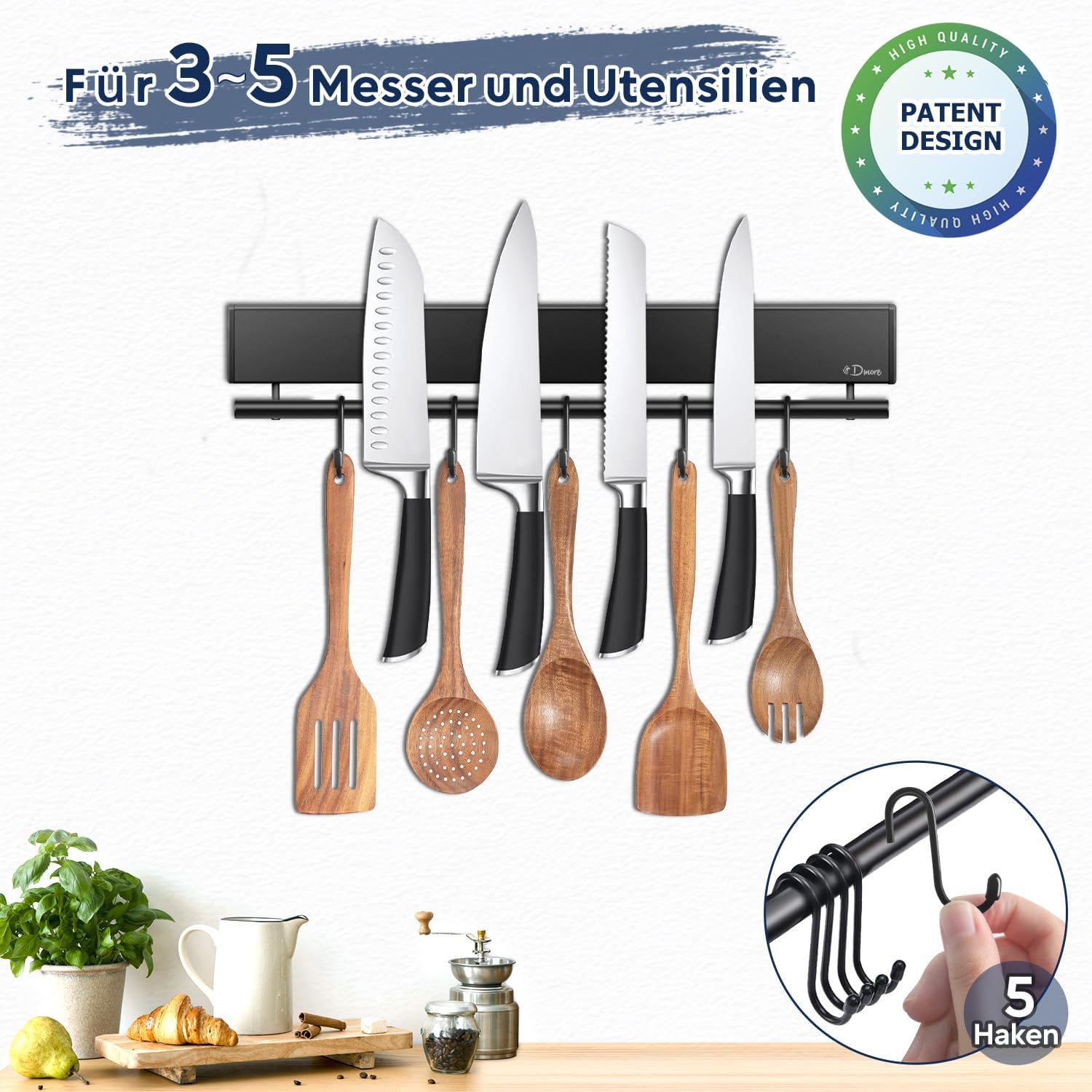 Dmore - barre magnétique à couteaux 30cm, 5 crochets, fixation adhésive