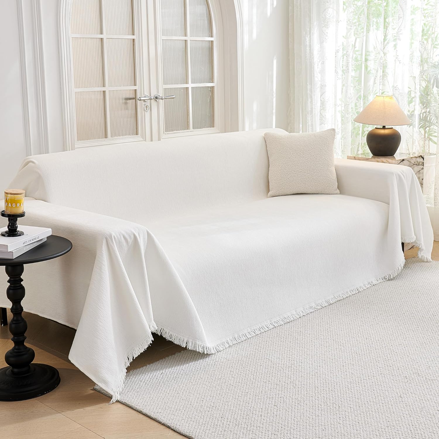 MYSKY HOME - Housse de canapé 3 places - 180x340cm - protection animaux, enfants, blanche