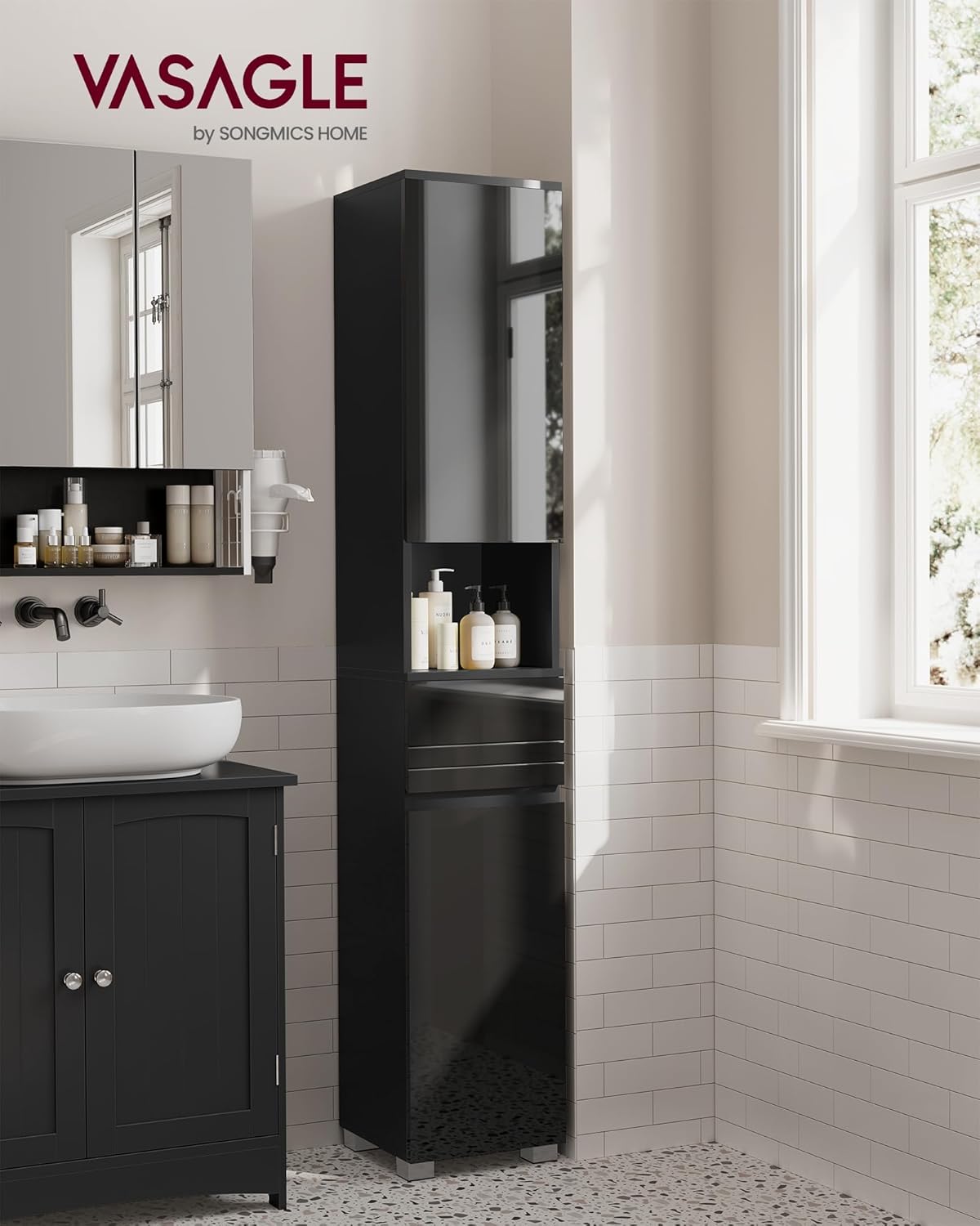 VASAGLE - colonne salle de bain, 30x30x170 cm, tiroir, étagères réglables - BBC560B01