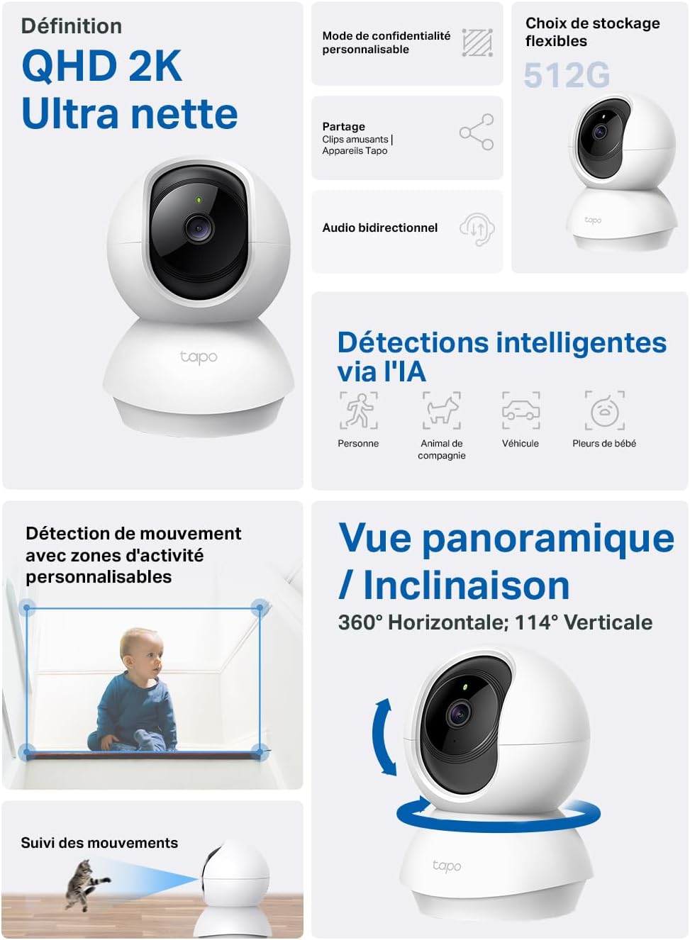 TP-Link - Tapo C210 - caméra WiFi 2K 3MP, rotation 360°, audio bidirectionnel, vision nocturne, détection personne, C210