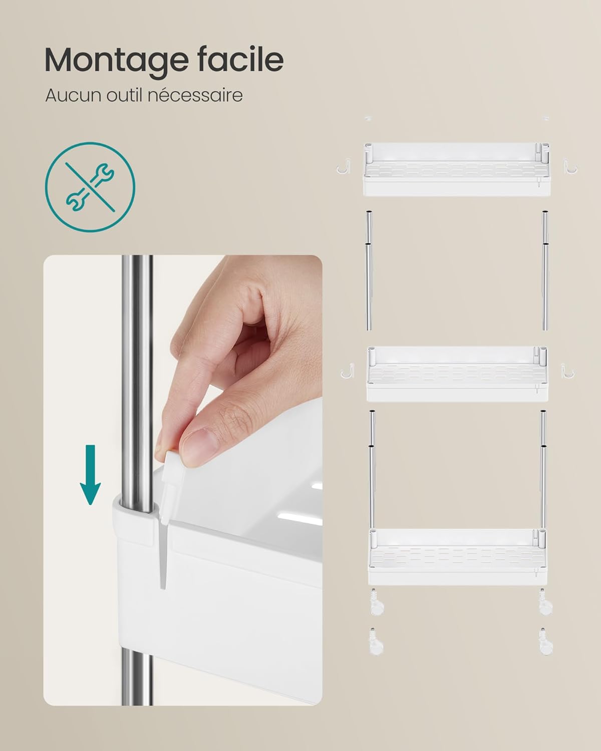 SONGMICS - Chariot de cuisine 3 niveaux, 23,6x42x60,6 cm, acier blanc, KSC009W01