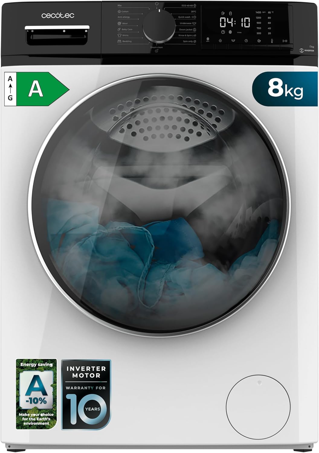 Cecotec - Bolero Dresscode 8610 - 8kg, 1400tr/min, Classe A, vapeur, Inverter Plus, 15 programmes, 8610