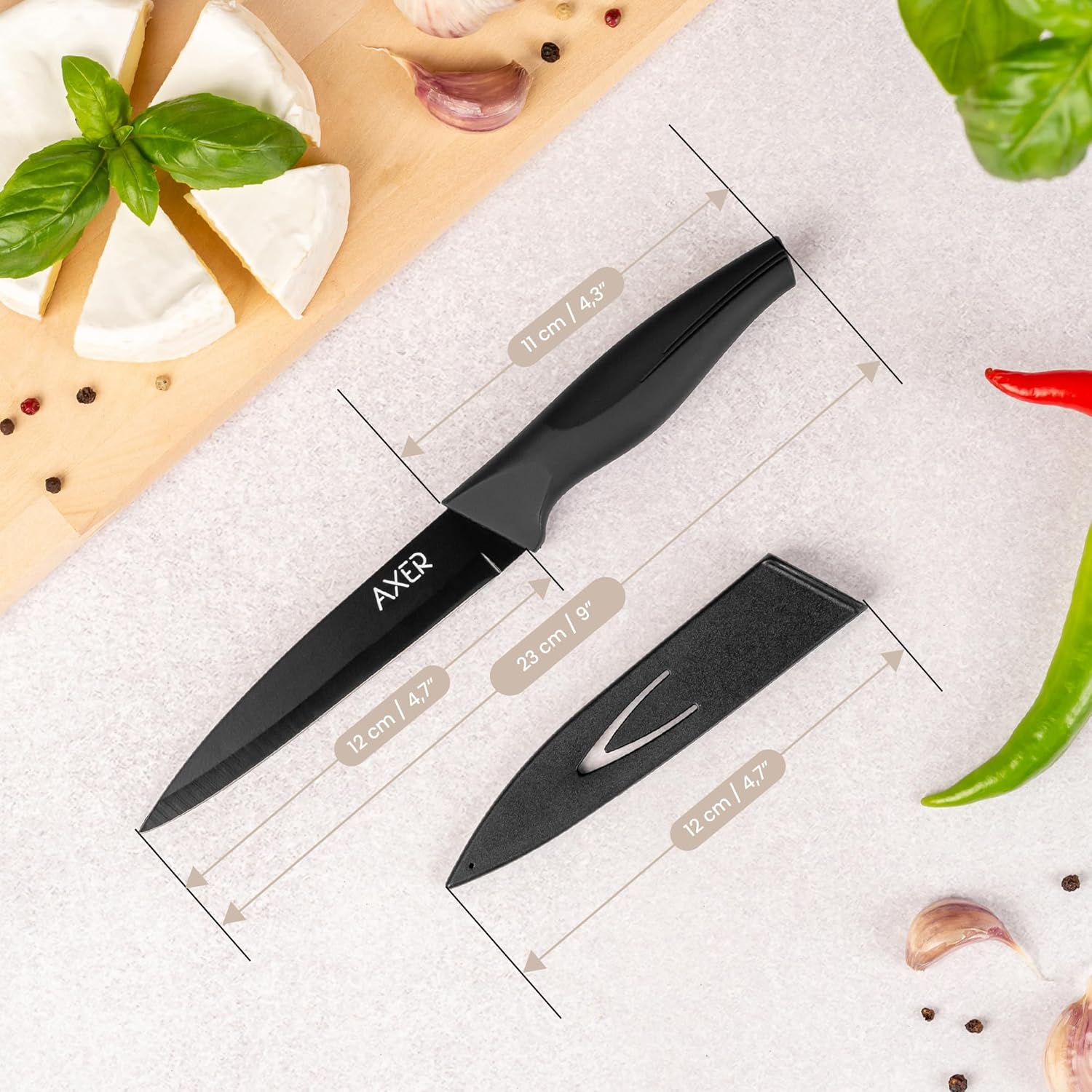 Axer - Couteau Professionnel 12 cm - lame polyvalente fruits, légumes, viande - Manche noir