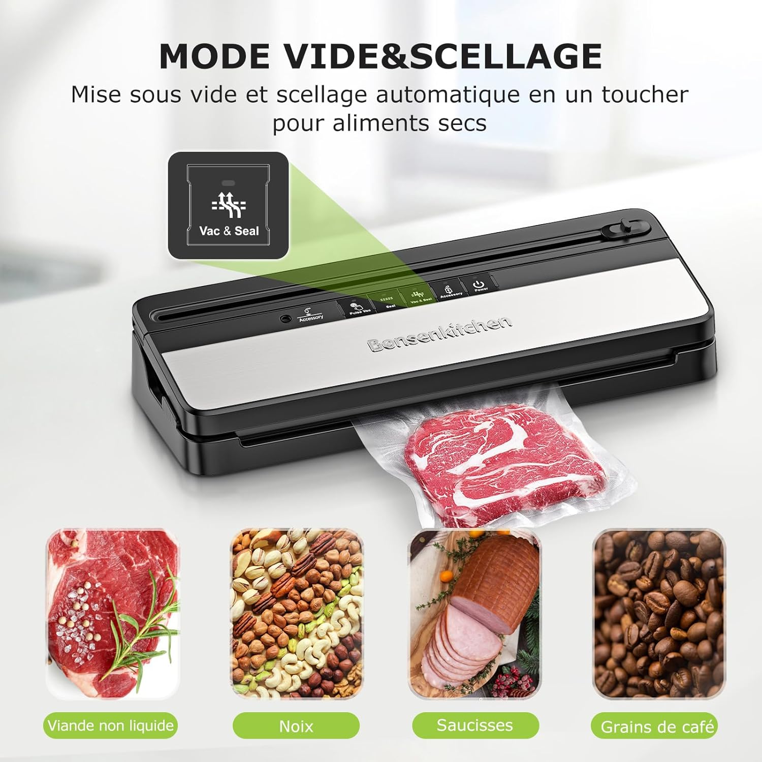 Bonsenkitchen - machine sous vide multifonction - compacte - coupe-aliments intégré, 50 sacs, rouleau, travail continu, 