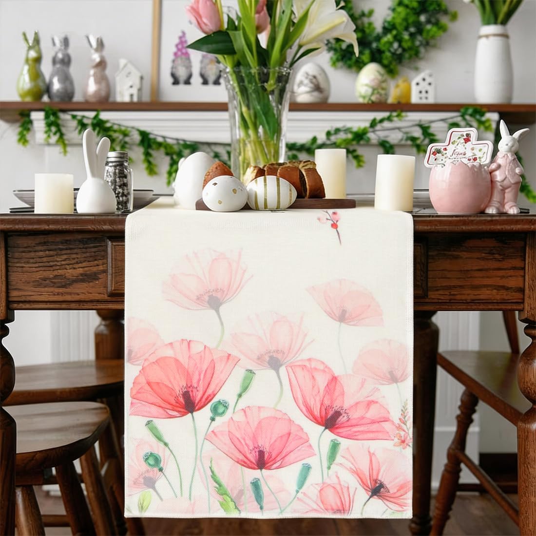 Chemin de table fleuri, lavable, 33x180 cm, pour cuisine et salon