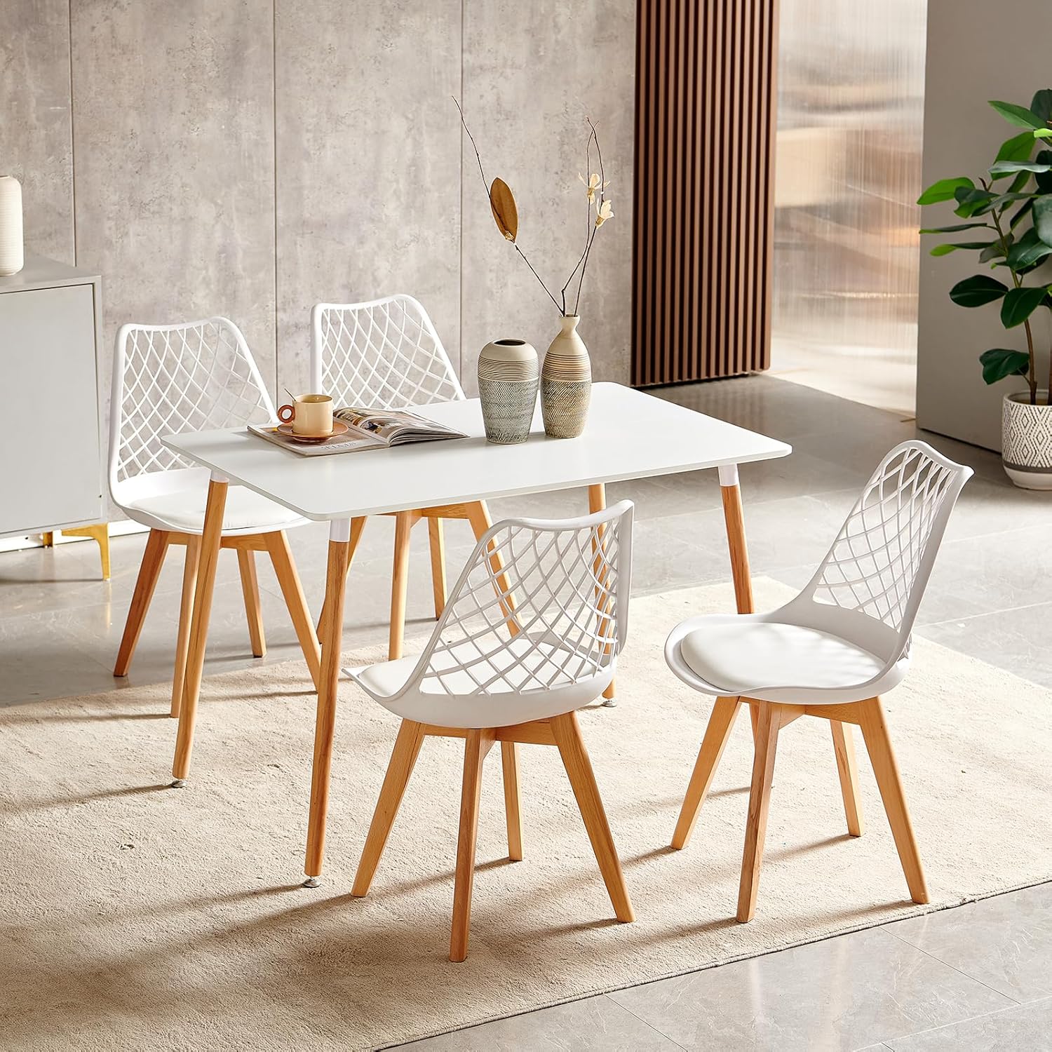 EGGREE - chaise scandinave creusée - bois hêtre, coussin, motif ajouré, blanc