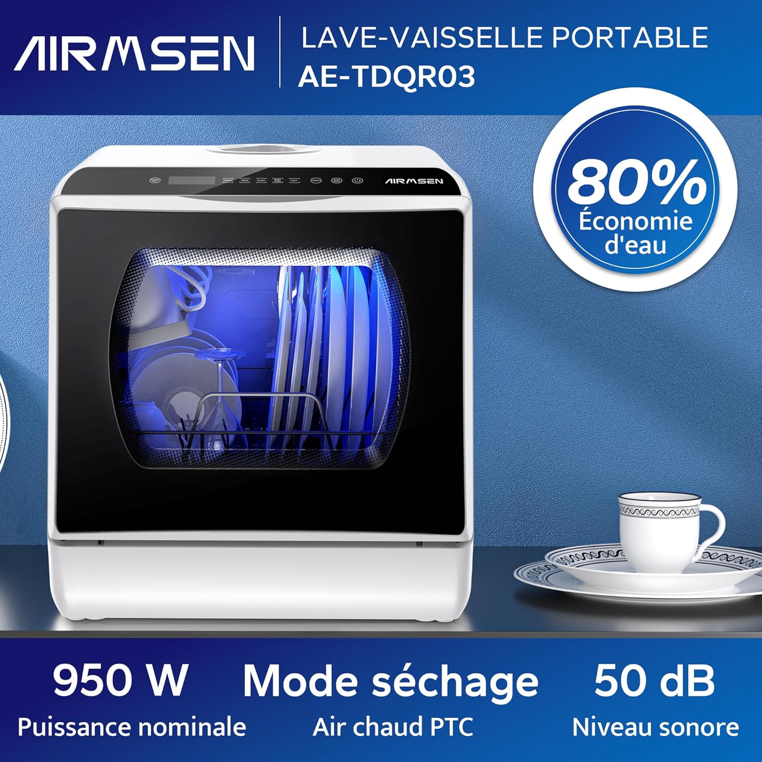 AIRMSEN - Mini lave-vaisselle compact, 5L, écran LED tactile, 5+1 programmes