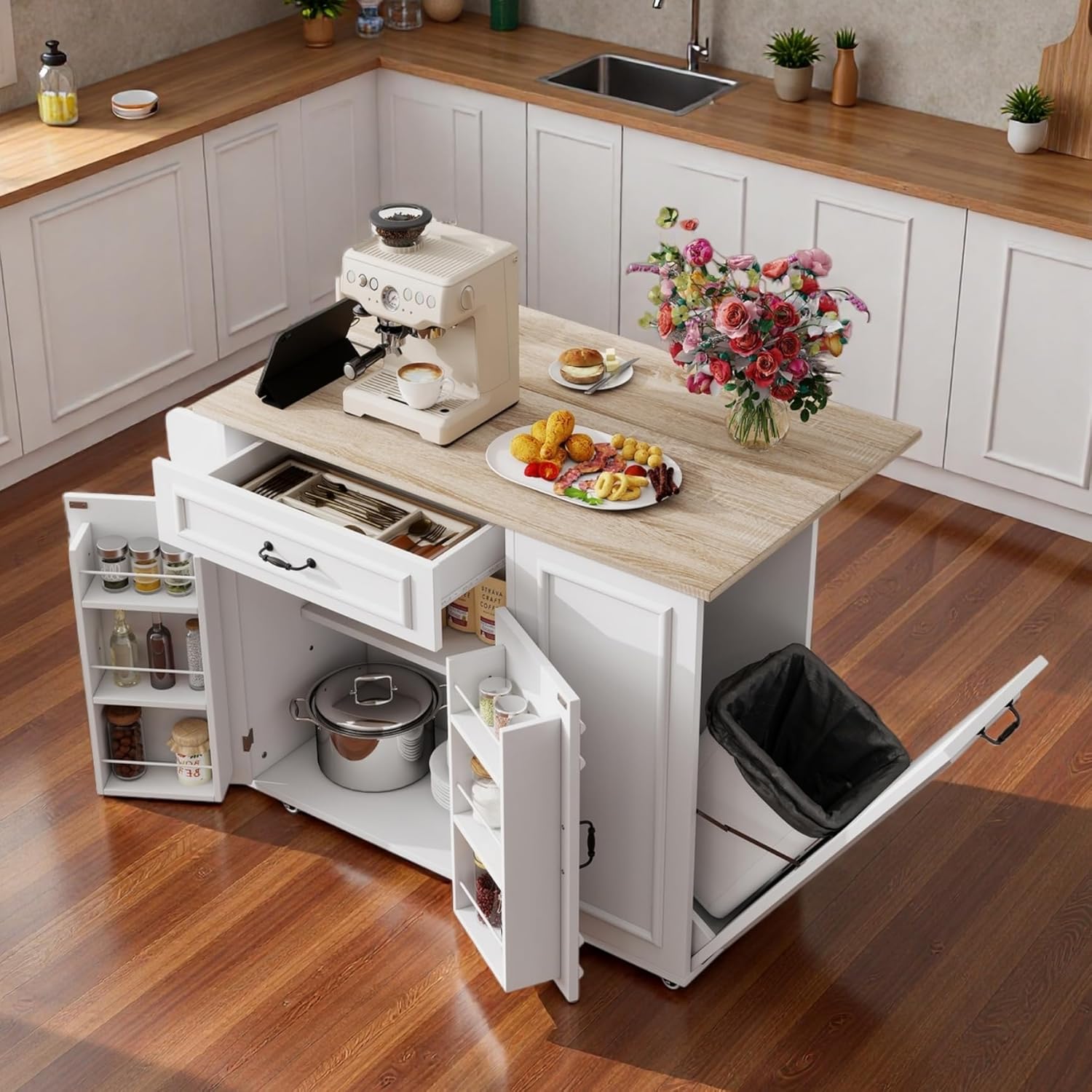 Desserte îlot cuisine - plan de travail rabattable, USB, rangement - blanc - roulettes, tiroir, porte-torchon, poubelle