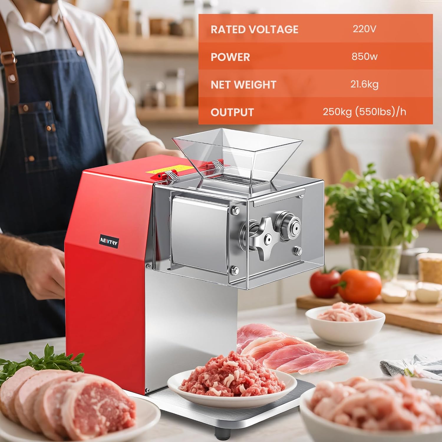 NEWTRY - trancheuse électrique professionnelle 5mm, acier inox, 850W, coupe viande, NEWTRY850W