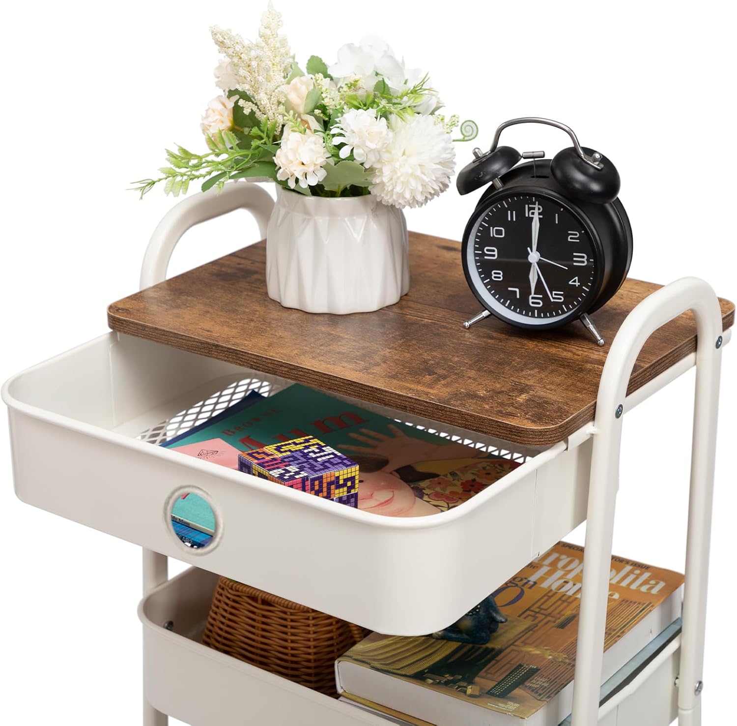 DOEWORKS - chariot rangement 3 niveaux, métal, tiroir, blanc, compact