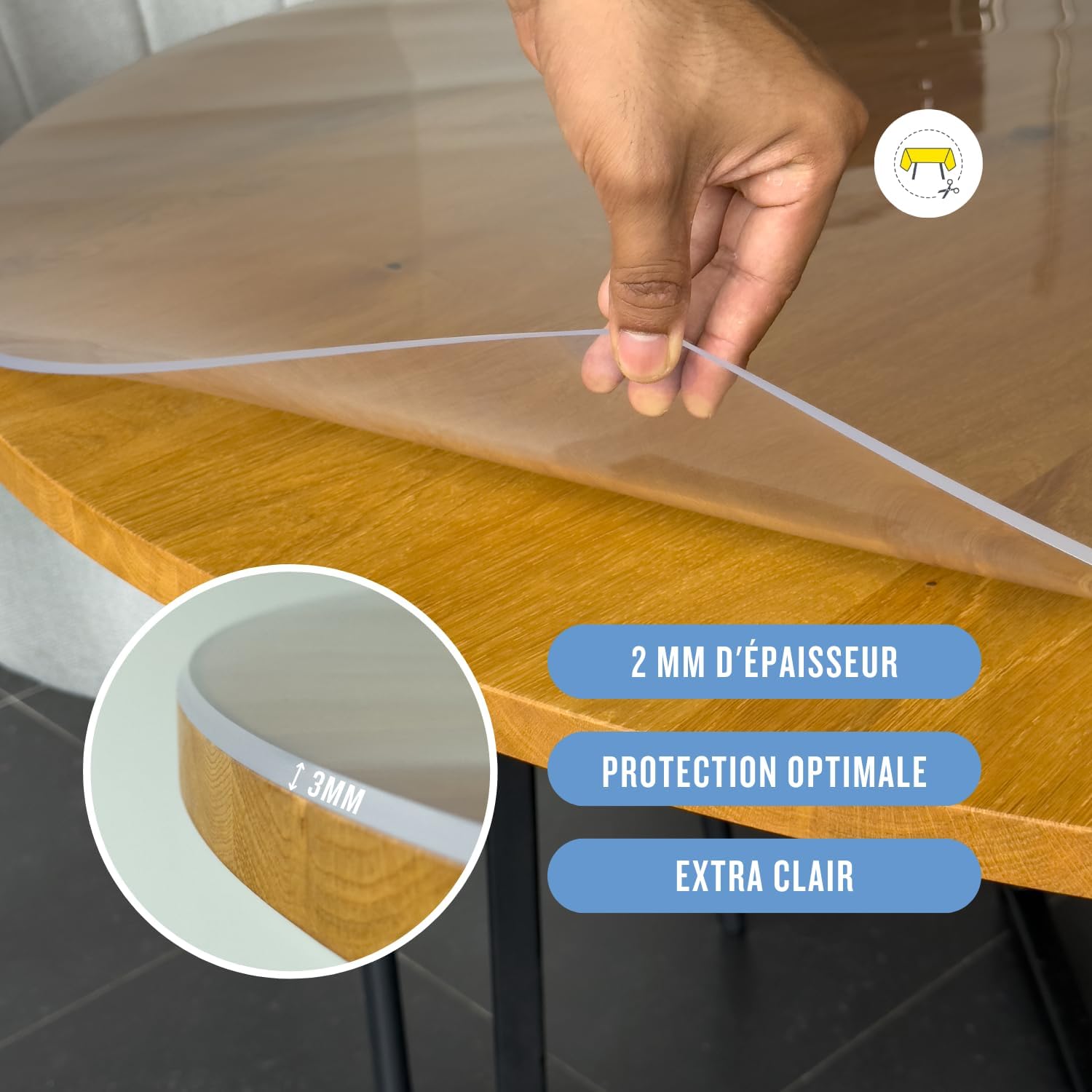 Nappe transparente ronde 95cm, épaisseur 3mm, anti-tache, intérieur/extérieur