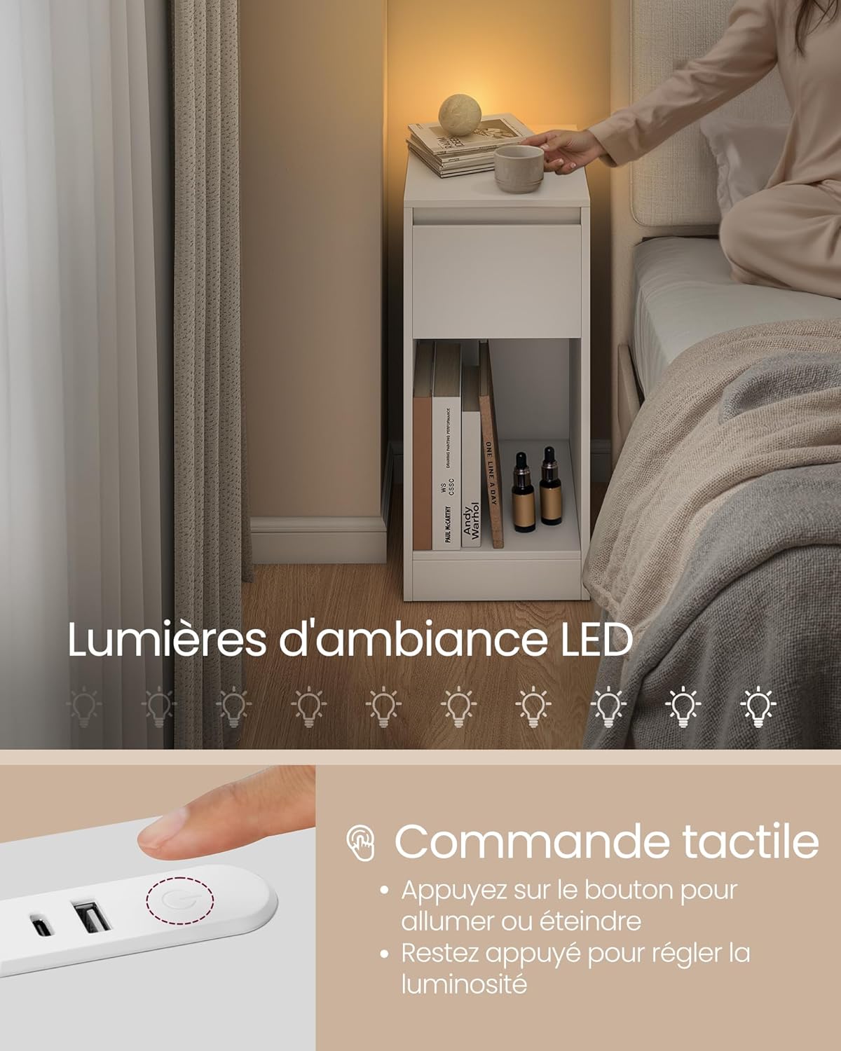 VASAGLE - Table de chevet étroite, LED, USB-A/C, tiroir, blanc, LET610W01