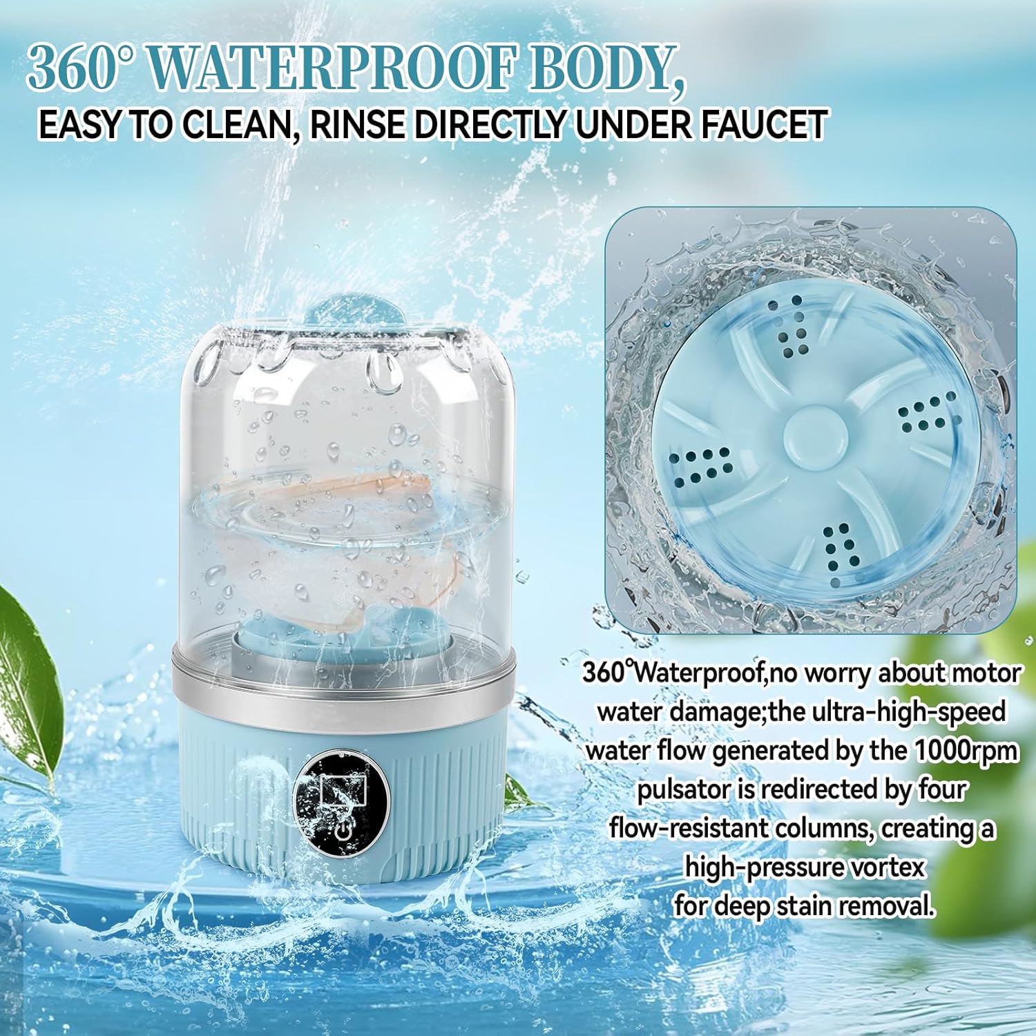 Mini machine à laver portable - 2 modes, 15W - compacte, bleue, mobile, idéale bébé et voyage