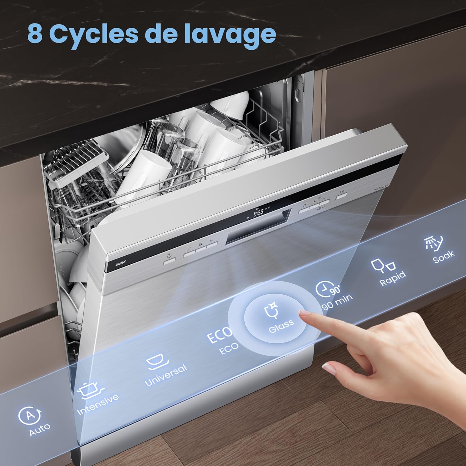 COMFEE' - Lave-vaisselle FD1435E-X - grand format, 14 couverts, écran LED, inox, 44 dB, demi-charge, départ différé