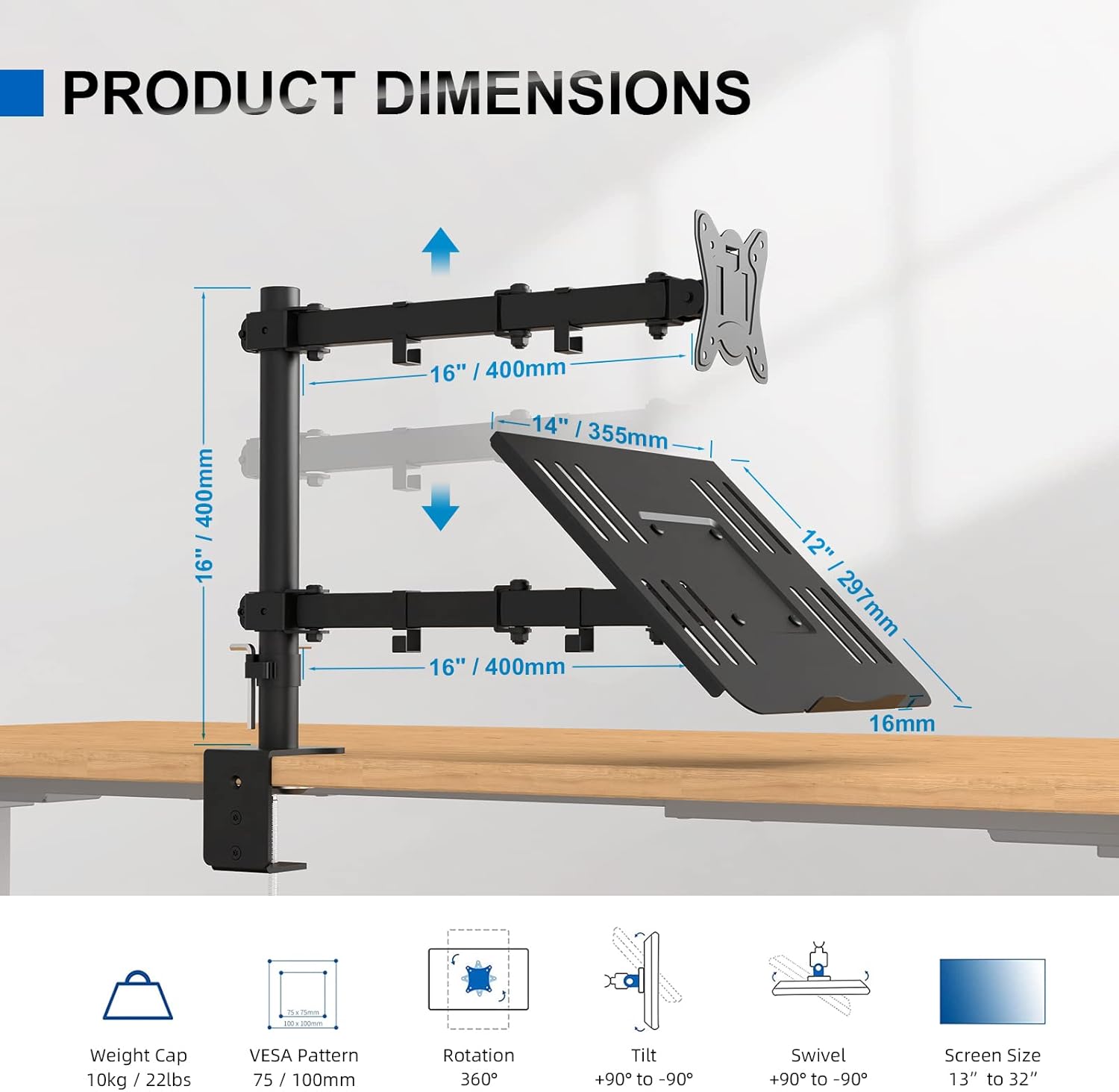 GRIFEMA - support écran double avec plateau - VESA 75x75/100x100, 360° pivotant, hauteur réglable, 10kg max