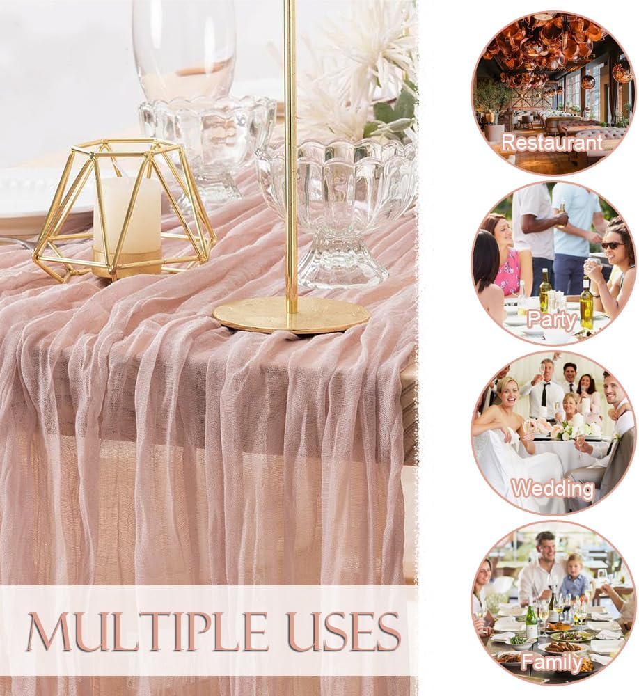 Chemin de table - gaze coton froissée rose 90x300cm style boho rustique