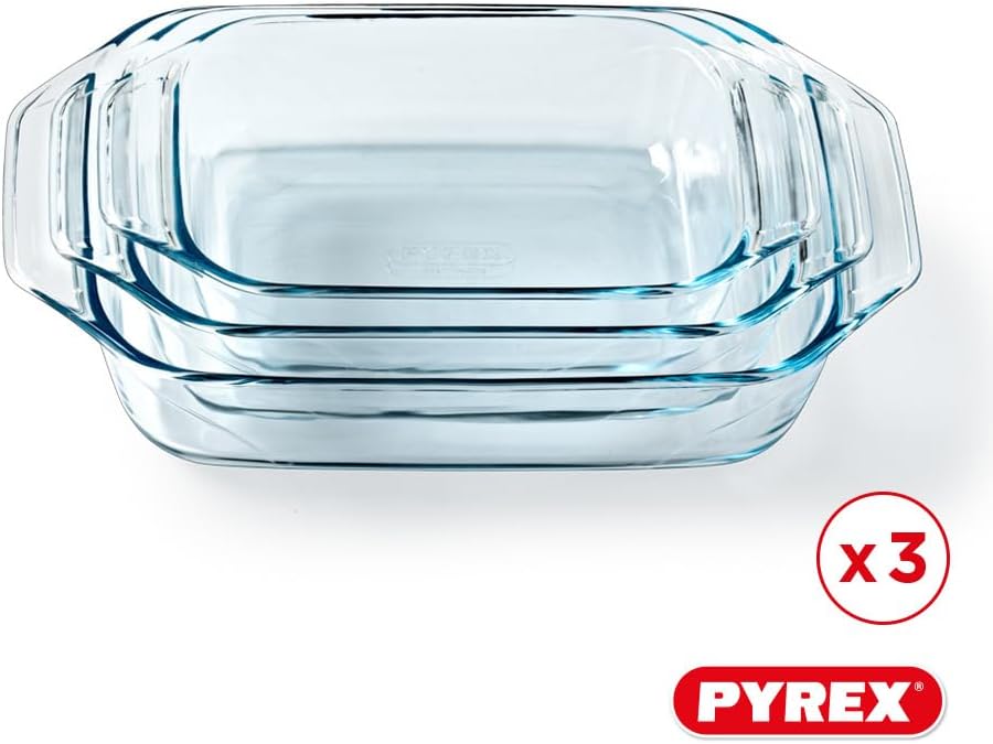 Pyrex - Lot de 3 plats rectangulaires - 3 tailles - verre borosilicate, poignées larges, compatible lave-vaisselle