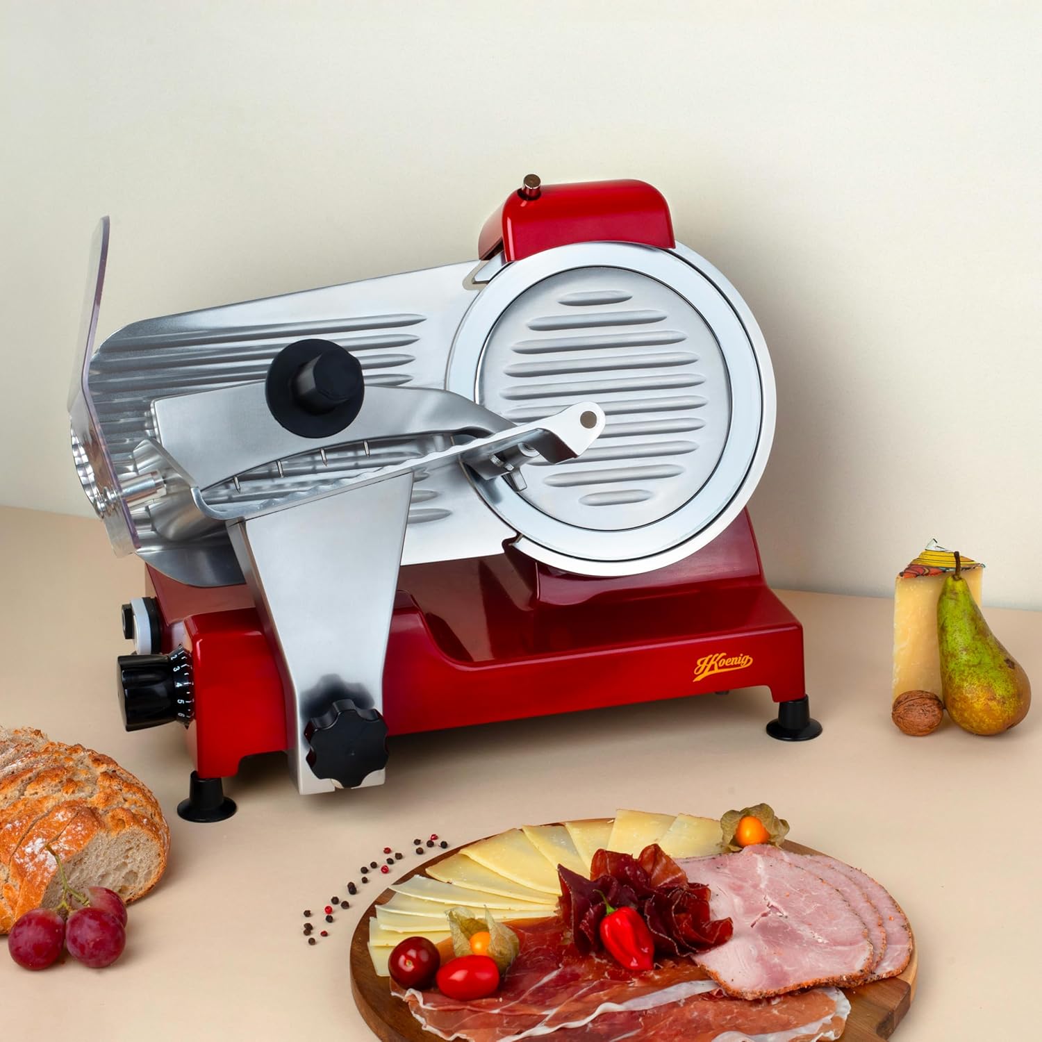 H.Koenig - MSX224 - trancheuse électrique 20 cm, 0-12 mm, aiguiseur, plateau large, 282 rpm