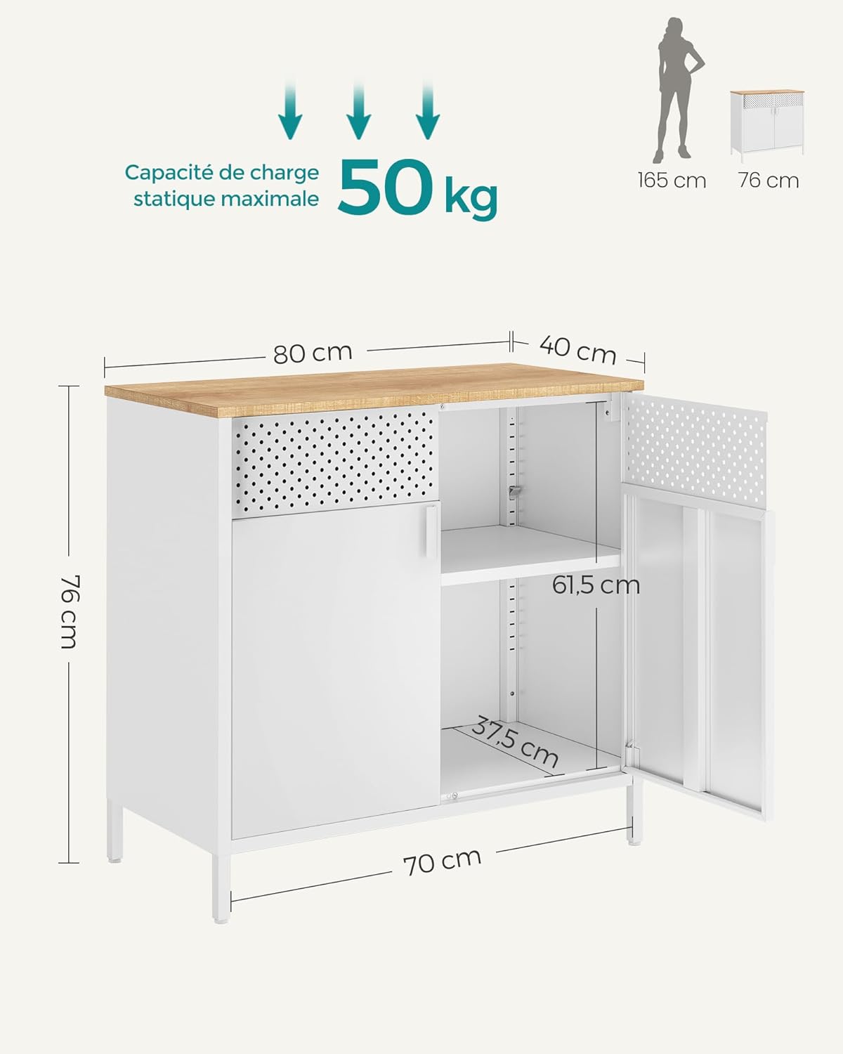 SONGMICS - Buffet double porte métal, 40x80x76cm, bois/blanc, LSC102W57