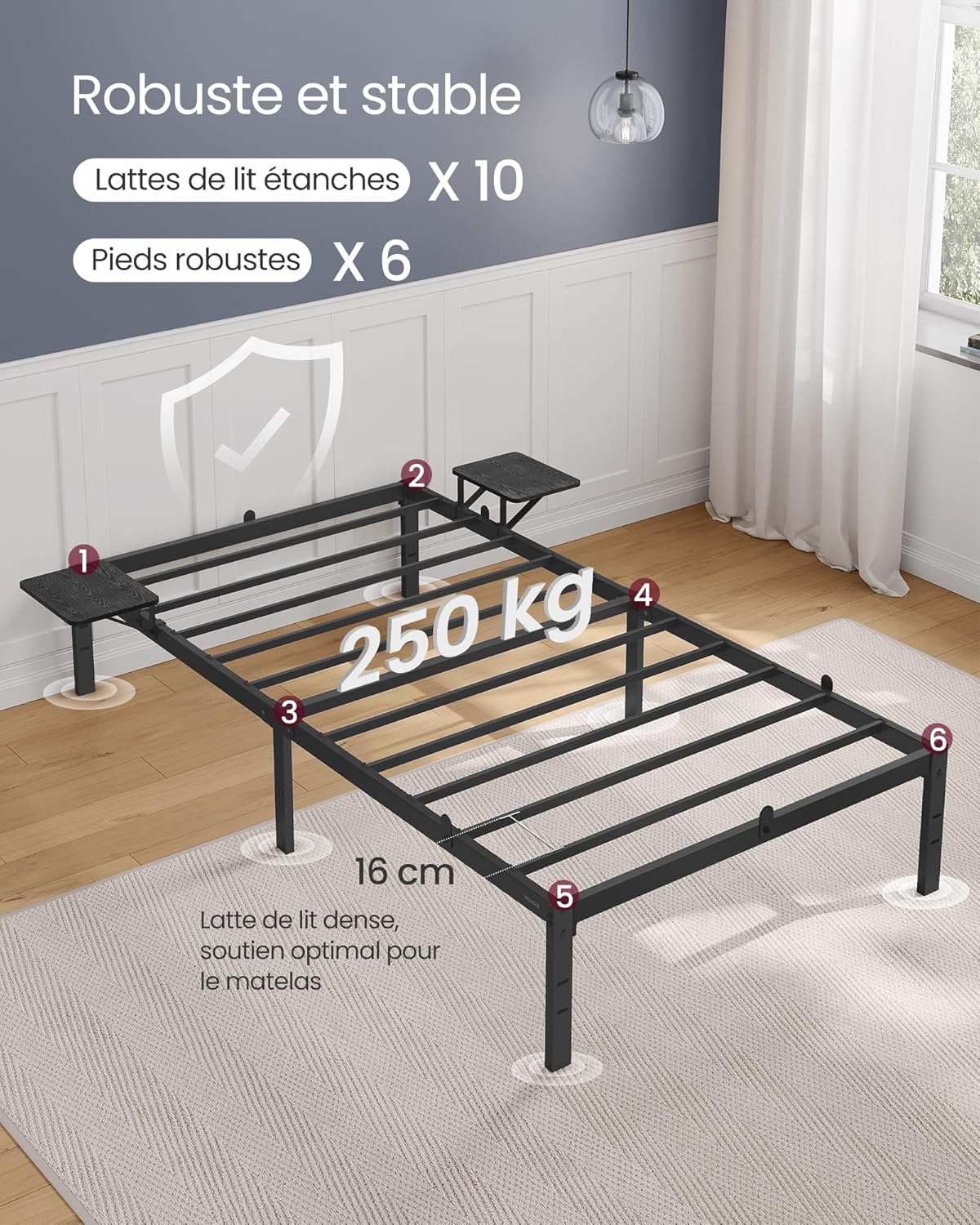 VASAGLE - cadre de lit simple - 90x190 cm - métal noir, étagères, montage facile - RMB091B01V1