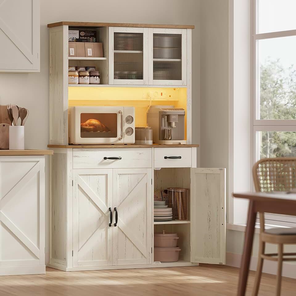 VASAGLE - meuble de rangement éclairé blanc/marron - 39,5x106,5x180,6 cm - portes, tiroirs, étagères réglables - BBK391W