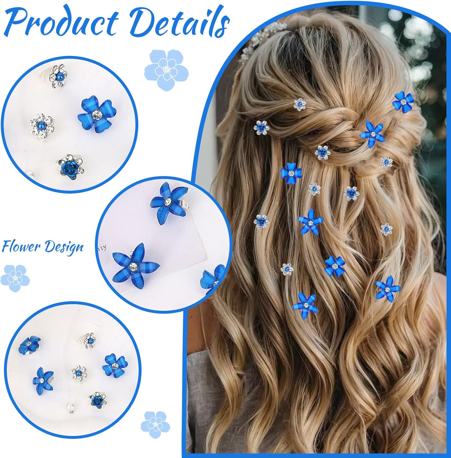 Pinces à cheveux - lot de 20 - mini strass fleurs, mariage, 4 motifs