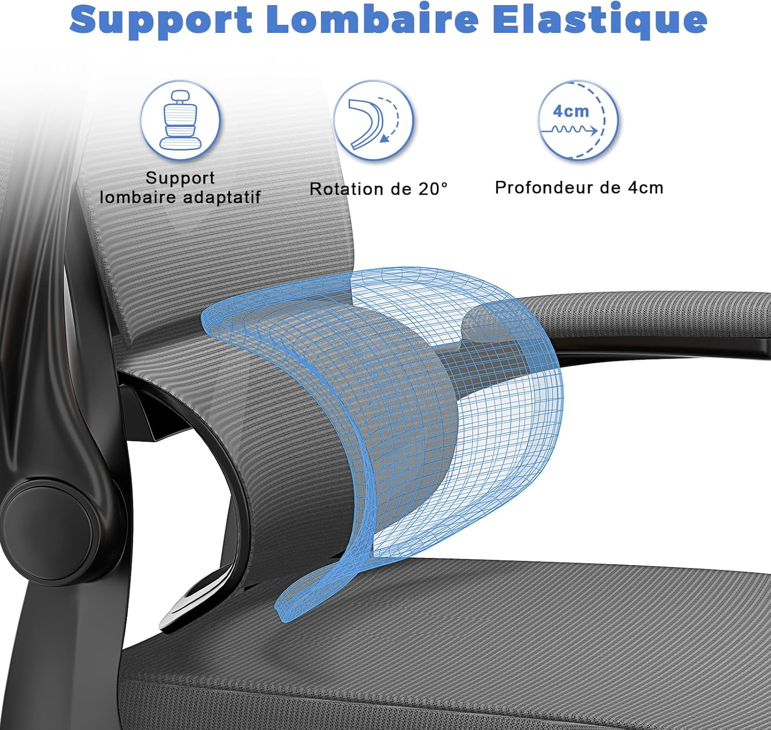 Chaise de bureau ergonomique - support lombaire - dossier et appui-tête réglables, accoudoirs réversibles, assise maille