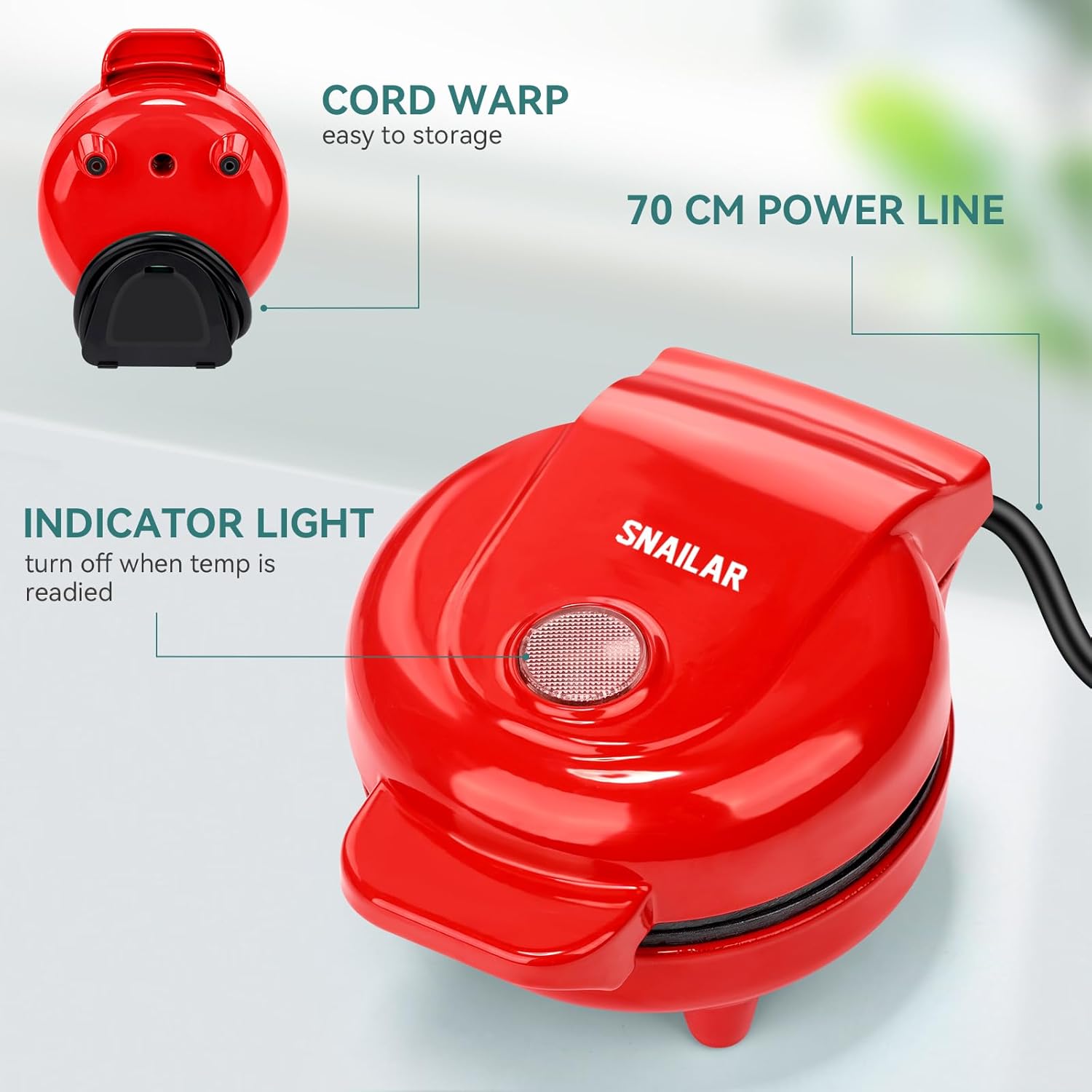SNAILAR – Mini gaufrier rouge compact, 550W, design mignon