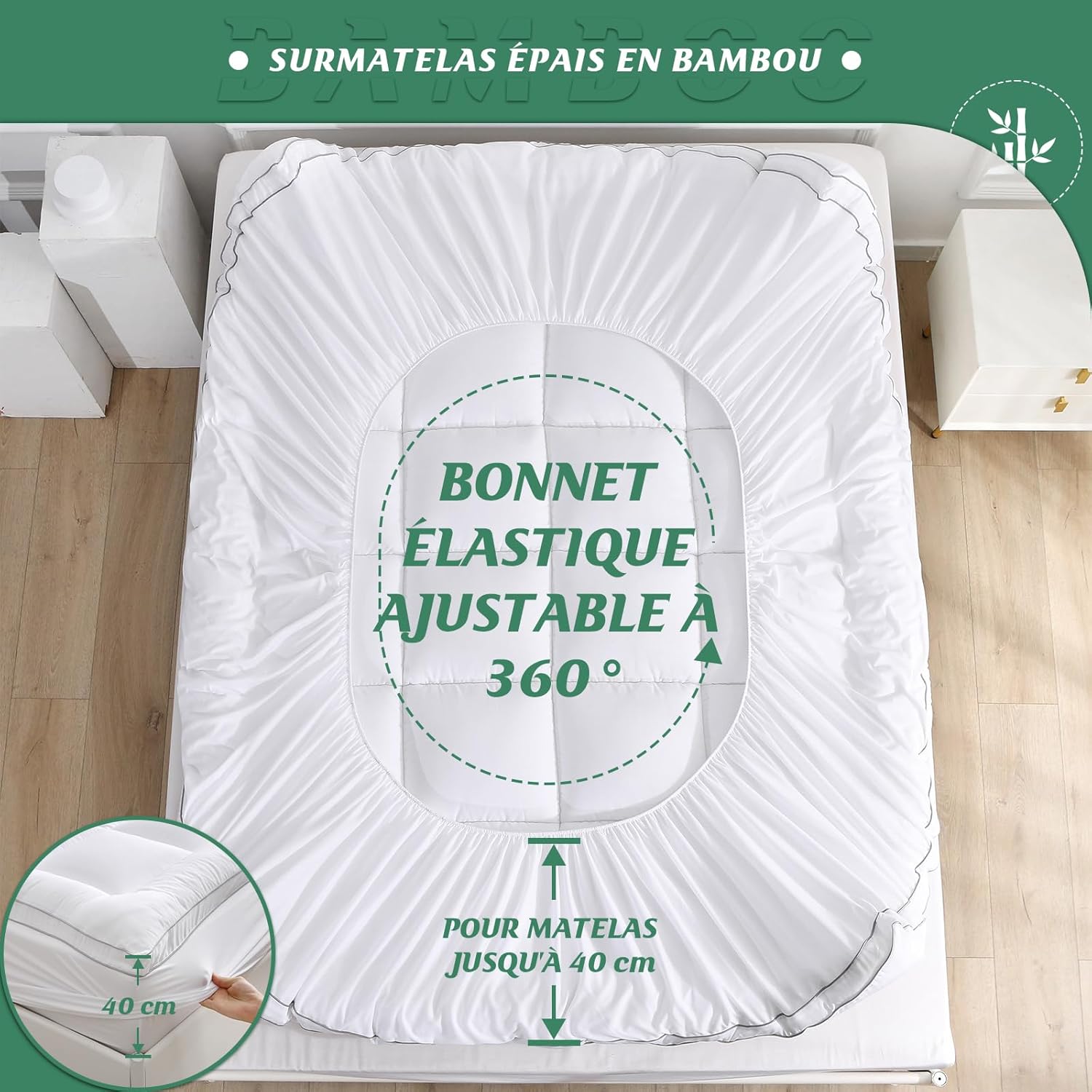 GRT - Surmatelas fibre bambou 90x200 cm, 6 cm épaisseur, ultra-doux, respirant
