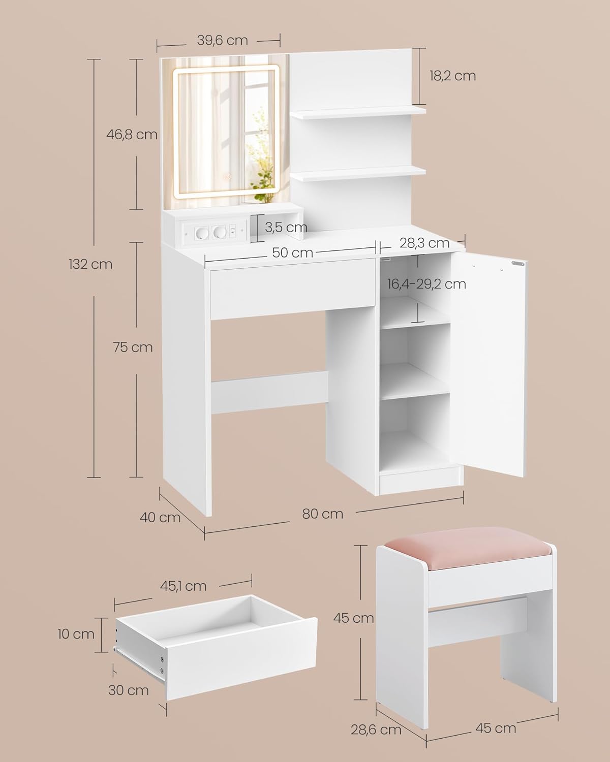 VASAGLE - Kailyn Collection - coiffeuse moderne LED, multiprise, 2 étagères, 1 tiroir, tabouret - RDT738W01