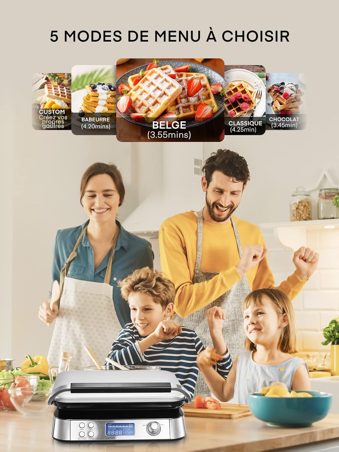 Gaufrier belge - double, inox, 2 tranches, LED, 5 programmes, 7 niveaux