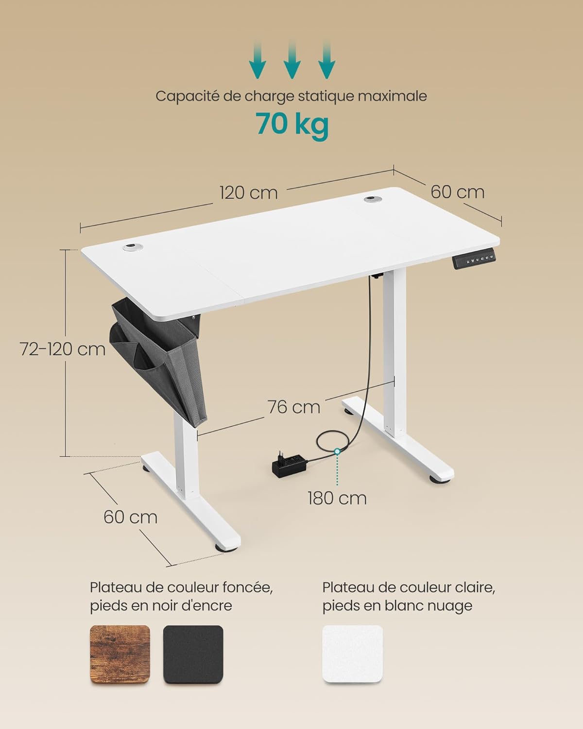 SONGMICS - bureau électrique assis-debout, 120x60 cm, mémoire 4 hauteurs, blanc, LSD132W01