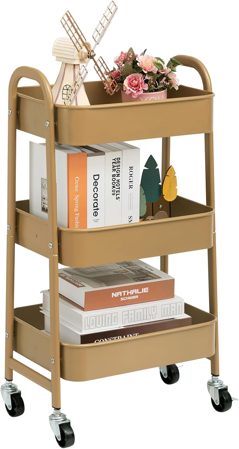 DOEWORKS - Chariot de rangement 3 niveaux, métal doré, roulant, compact