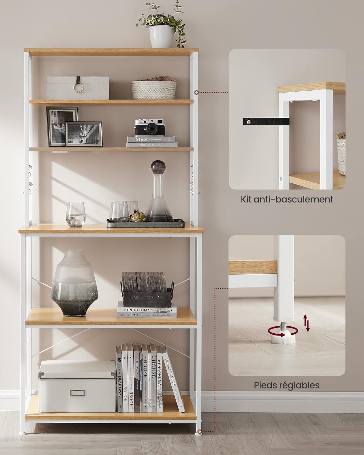 VASAGLE - étagère cuisine industrielle, 40x80x167cm, 6 niveaux, 6 crochets, KKS019W09