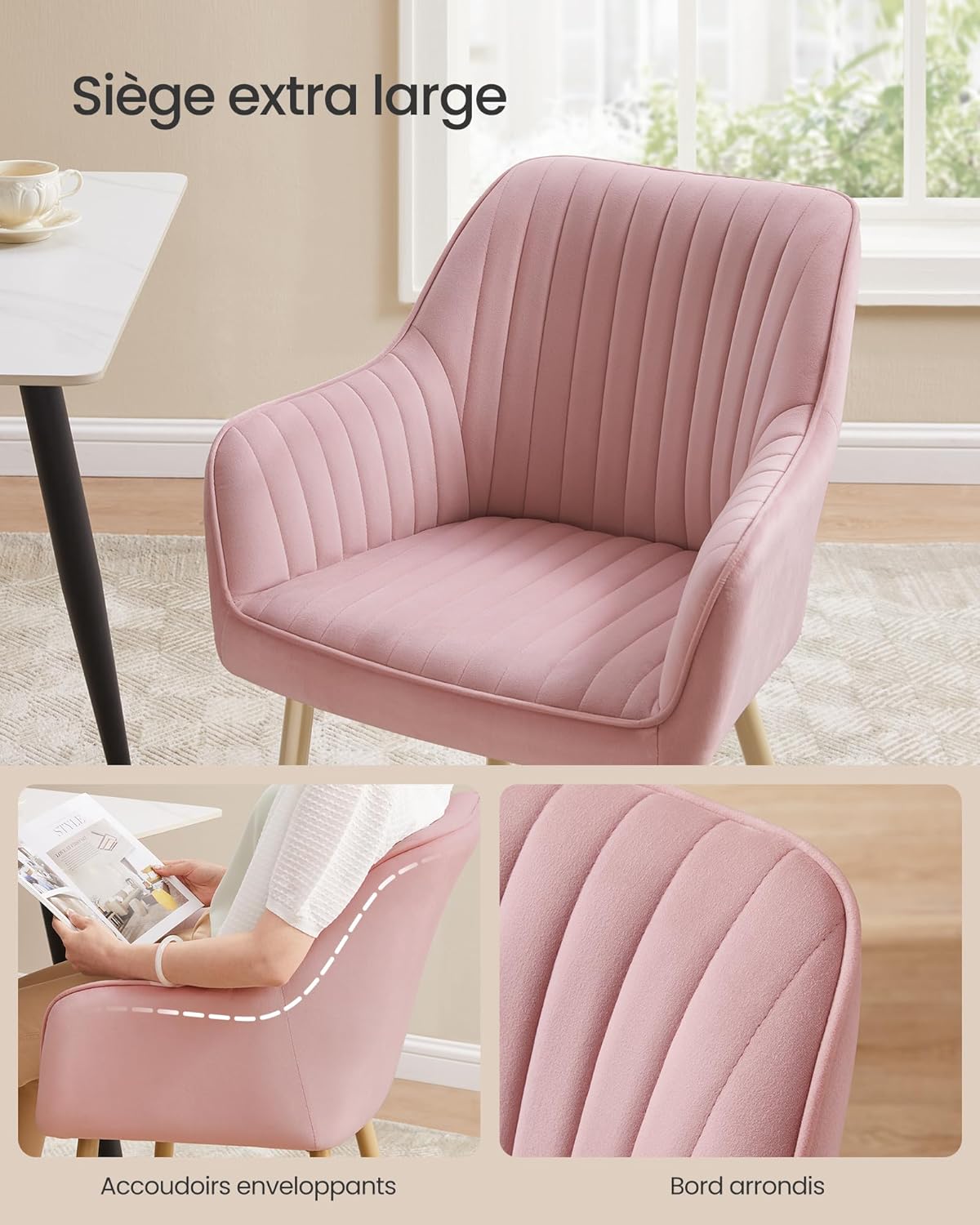 SONGMICS - fauteuil velours, pieds métal, accoudoirs, rose, 120kg - LDC087R01